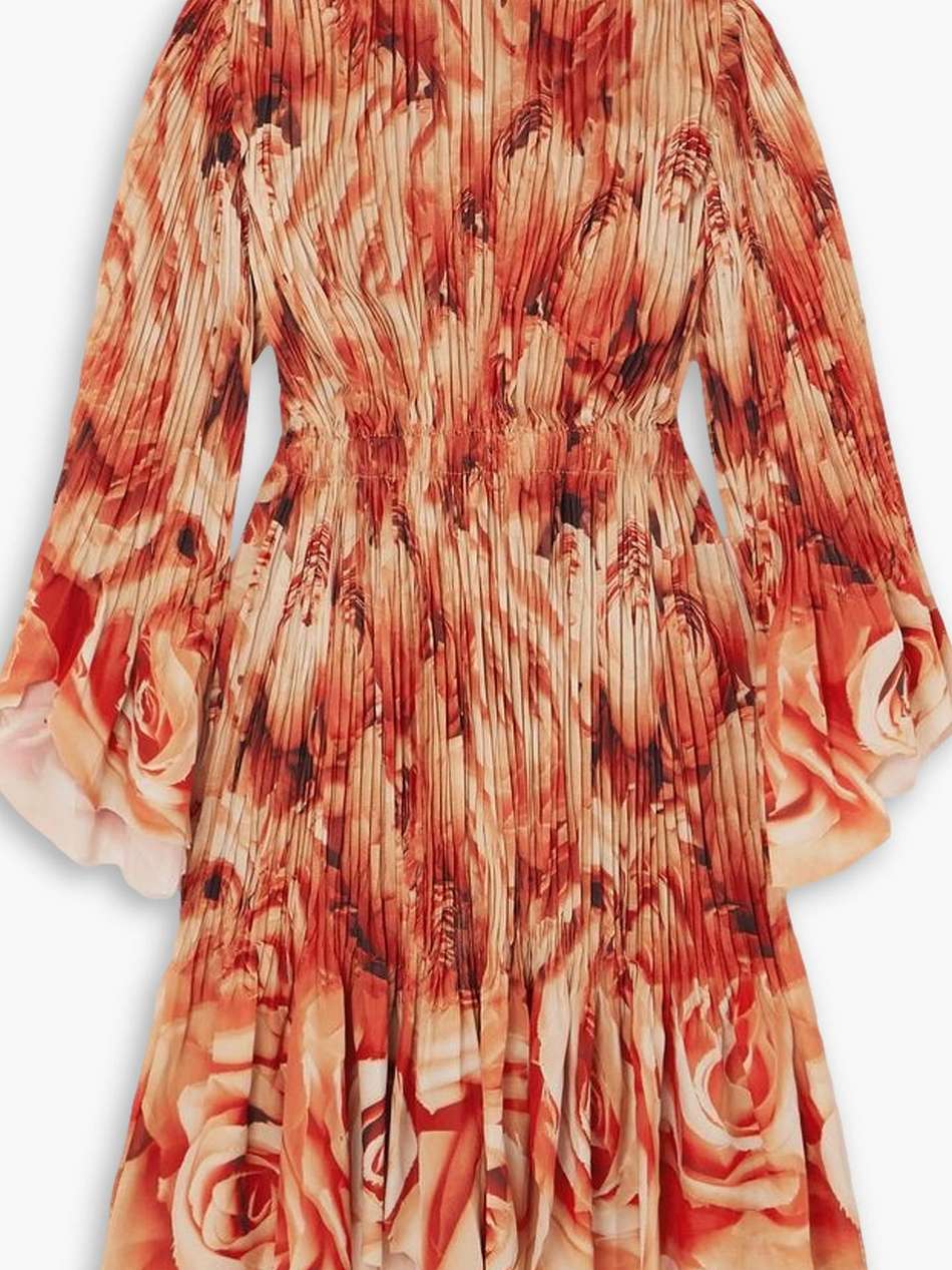 asymmetric printed plissé-satin dress