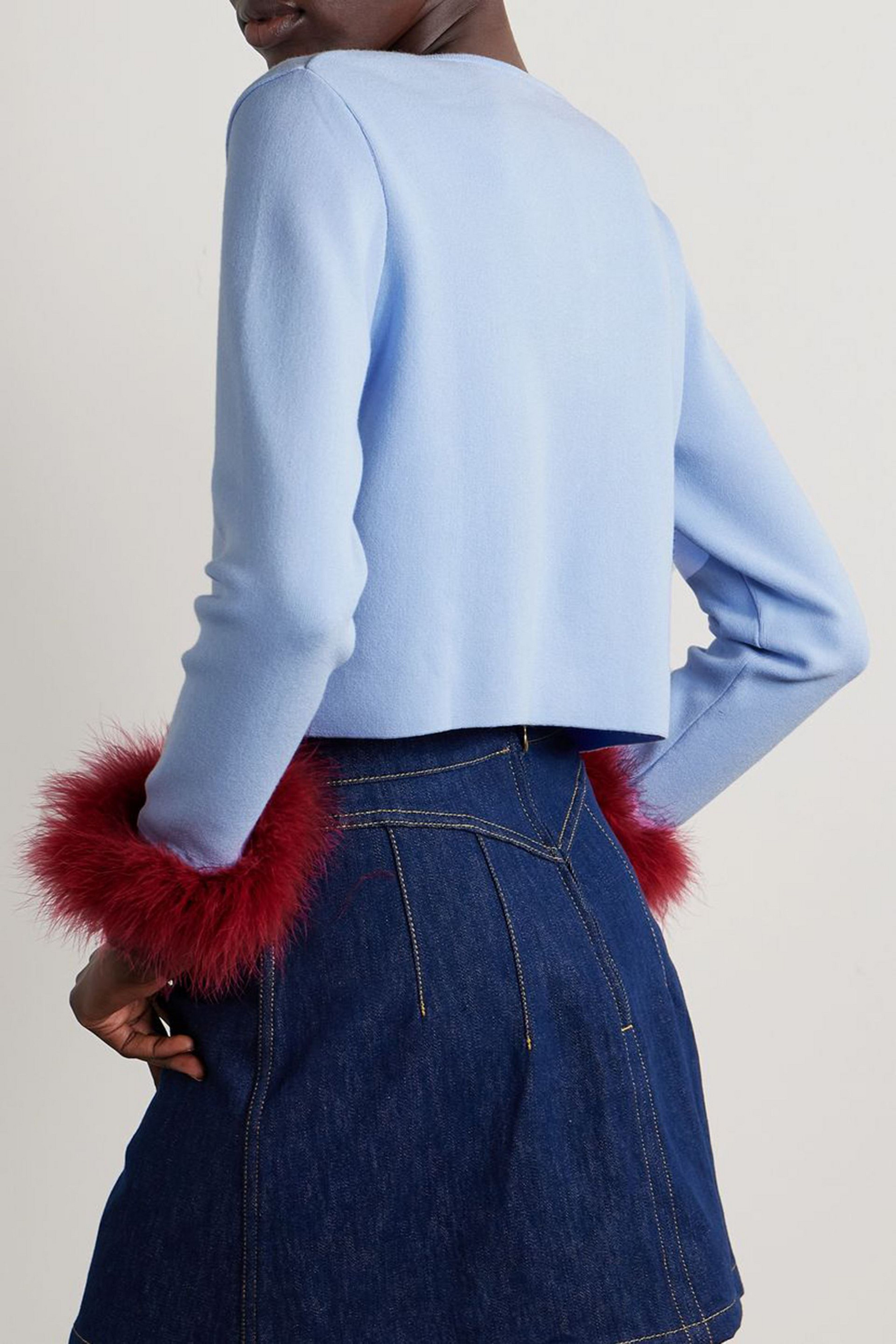 Sleeper Convertible cropped feather-trimmed knitted cardigan