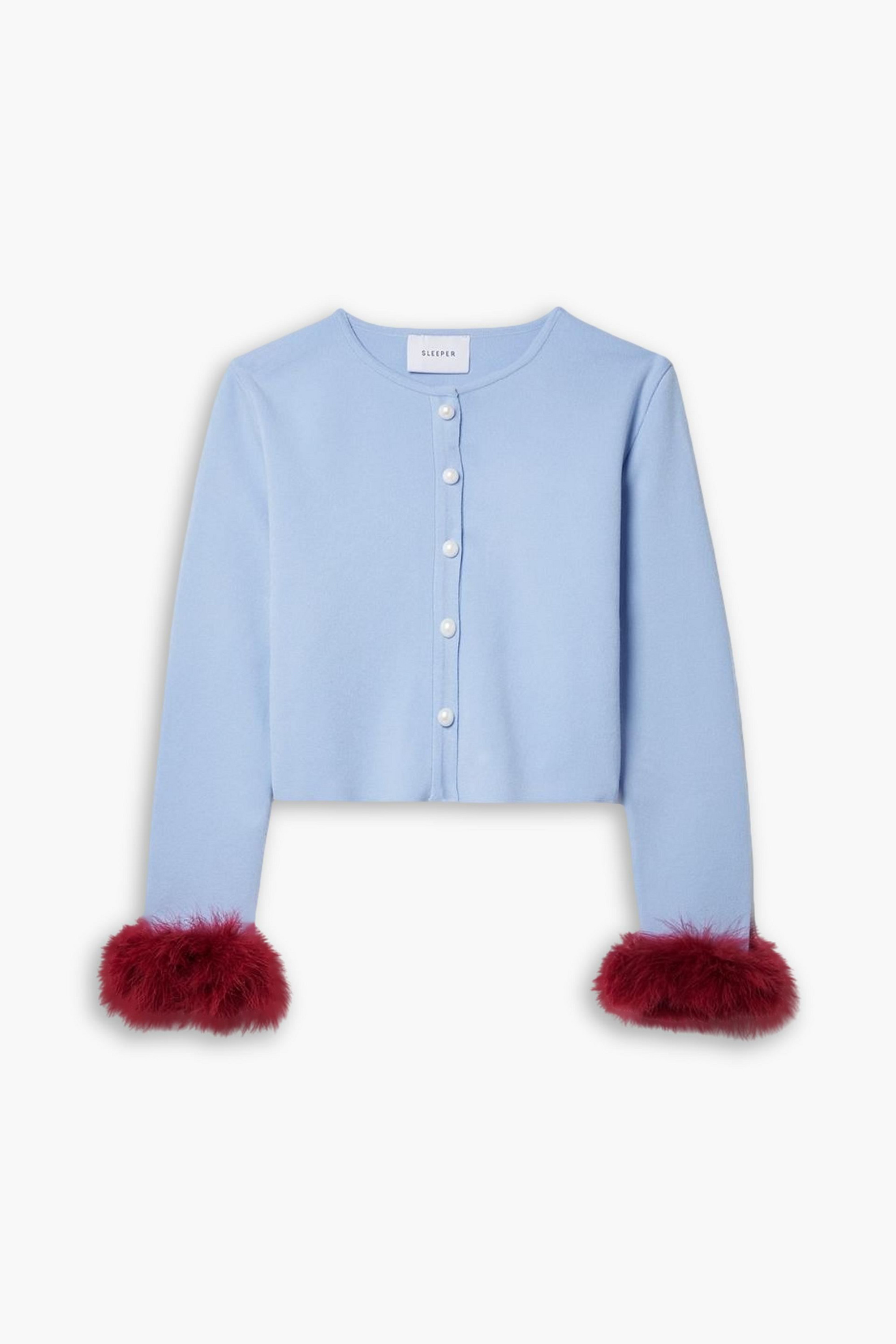 Sleeper Convertible cropped feather-trimmed knitted cardigan