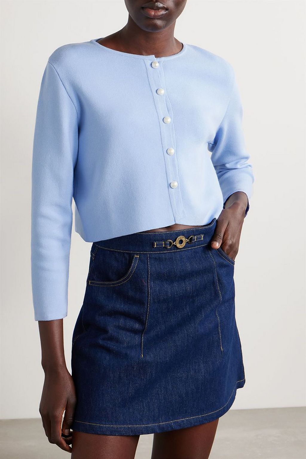 SLEEPER Convertible cropped feather-trimmed knitted cardigan