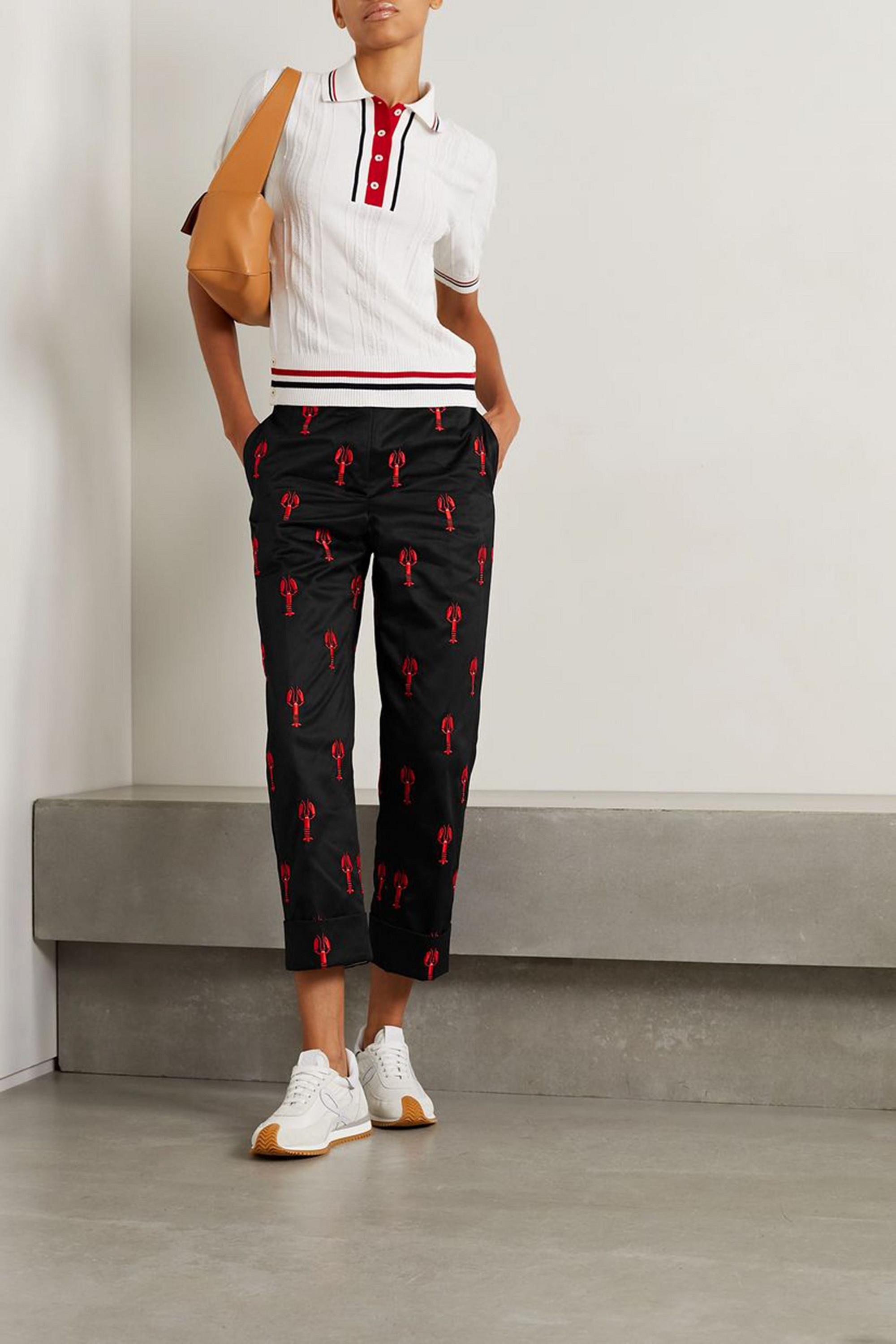 Thom Browne Cropped embroidered cotton-twill straight-leg pants