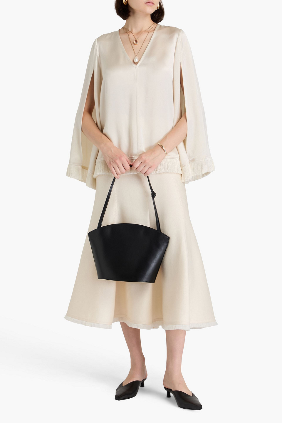 By Malene Birger Avelas Fringed Crepe-satin Blouse In Off-white