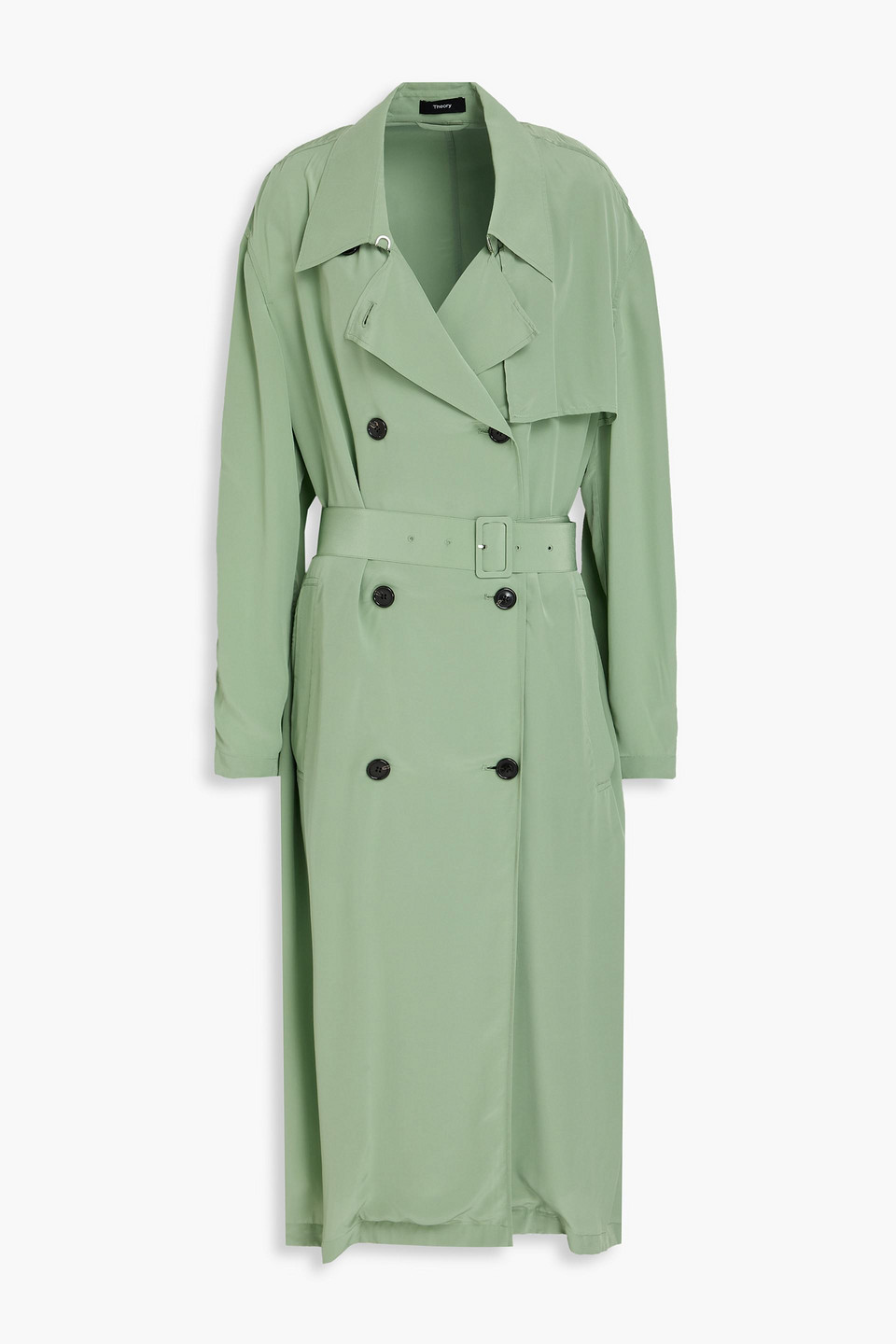 Theory Double-breasted Belted Crepe De Chine Trench Coat In Sage Green