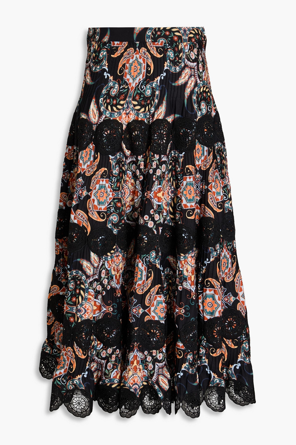 Cara Cara Austin Guipure Lace-paneled Printed Cotton-poplin Midi Skirt In Black
