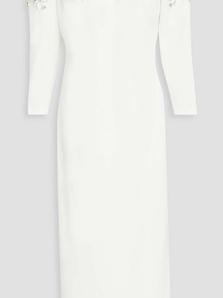 off-the-shoulder embellished crepe midi dress