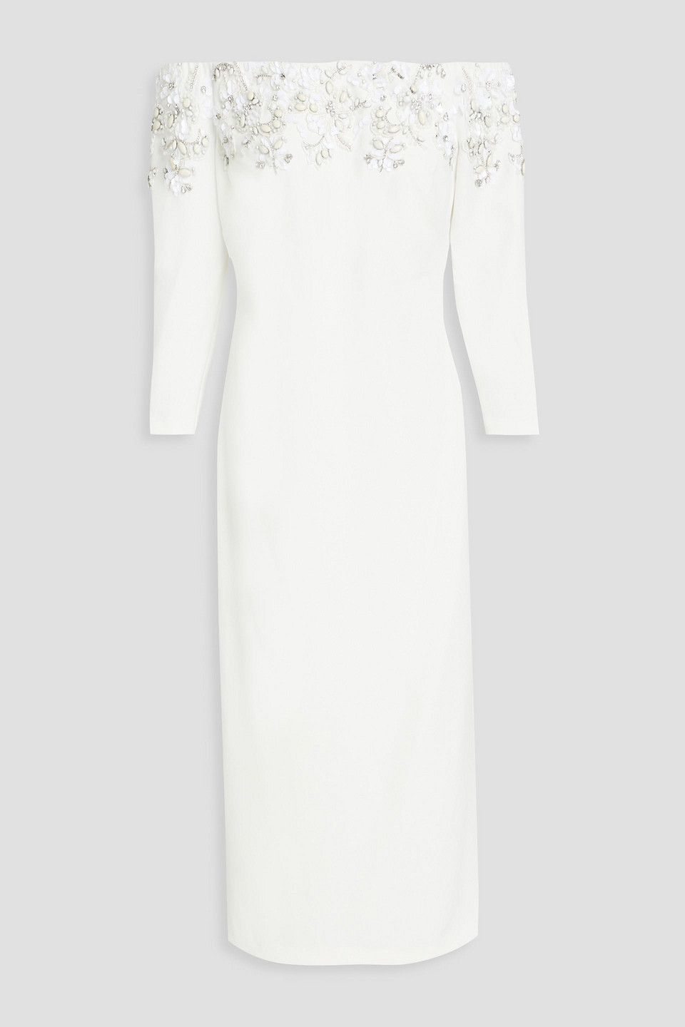Badgley Mischka Off-the-shoulder Embellished Crepe Midi Dress In White