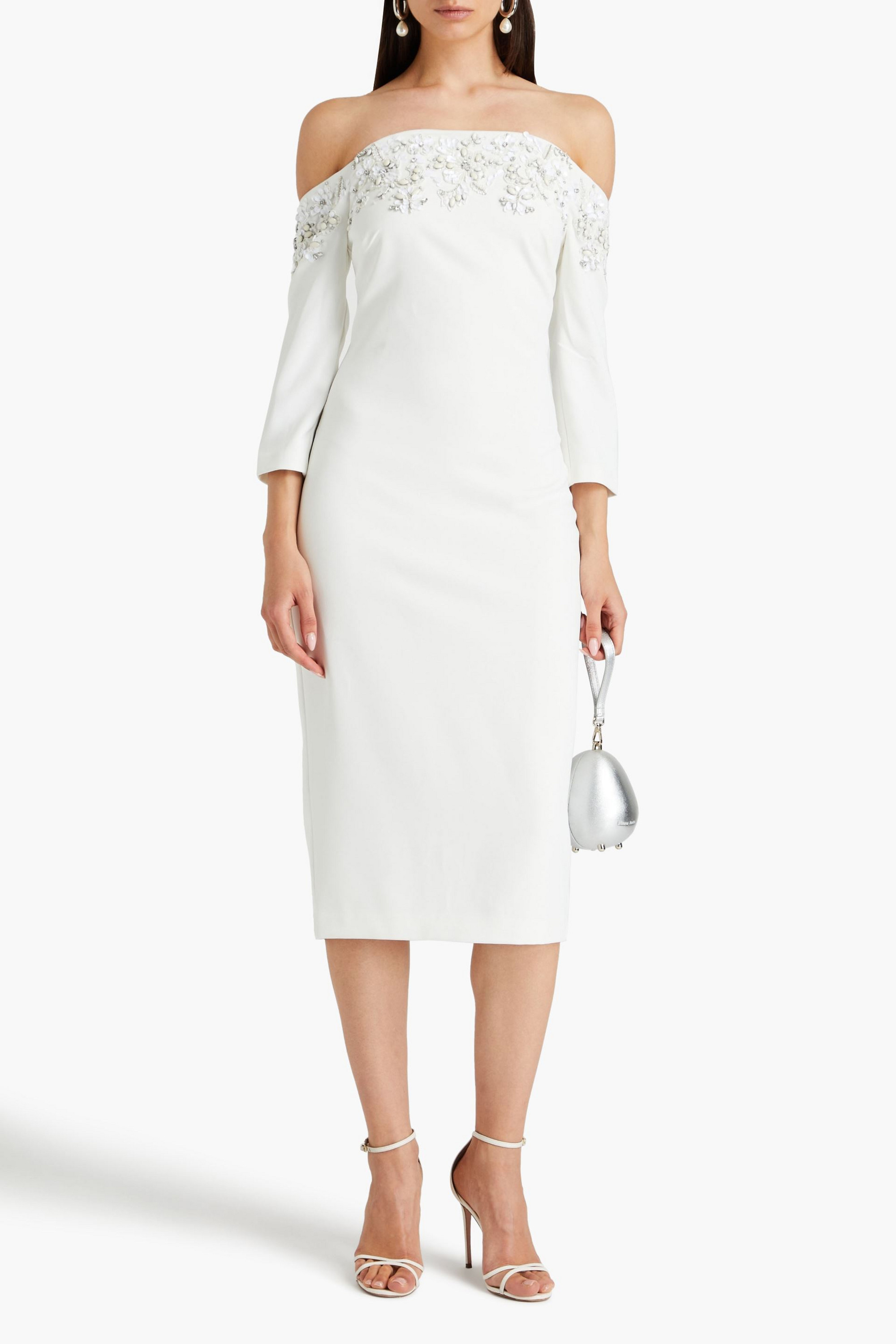 Badgley Mischka Off-the-shoulder embellished crepe midi dress