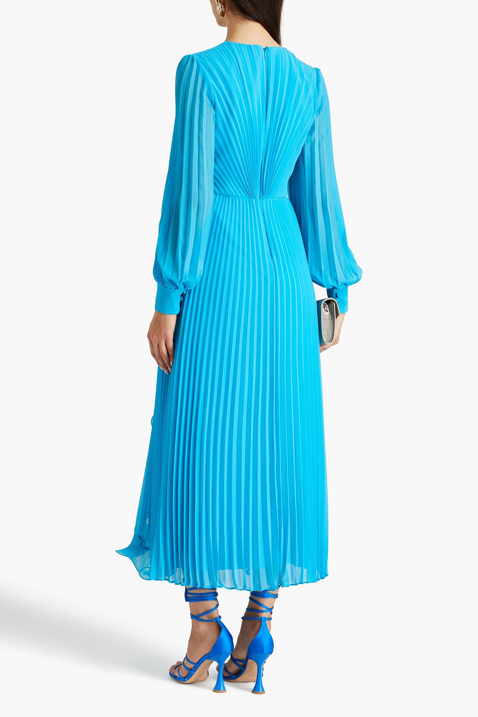 Badgley Mischka Ruffled Pleated Georgette Midi Dress In Turquoise