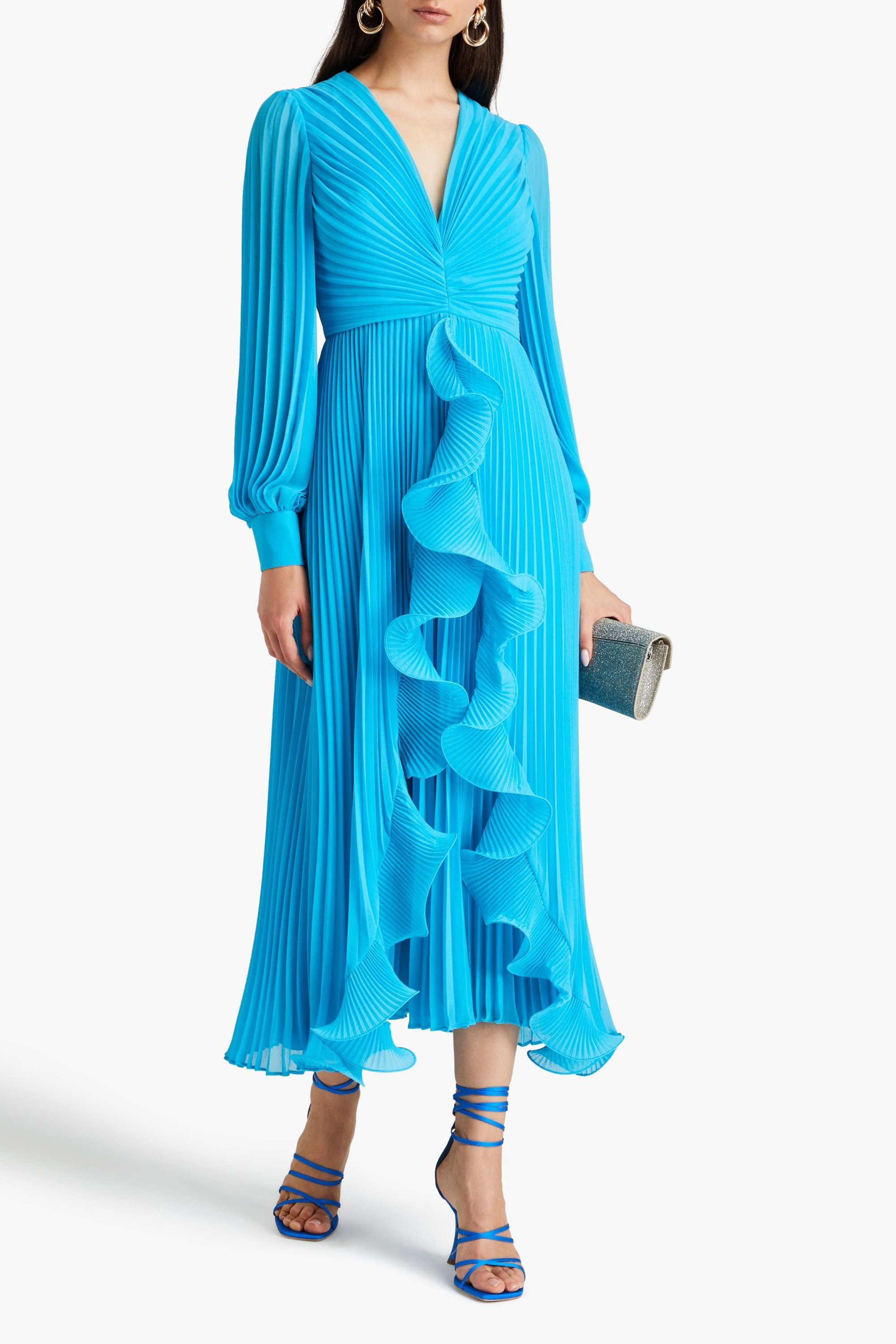 Badgley Mischka Ruffled pleated georgette midi dress