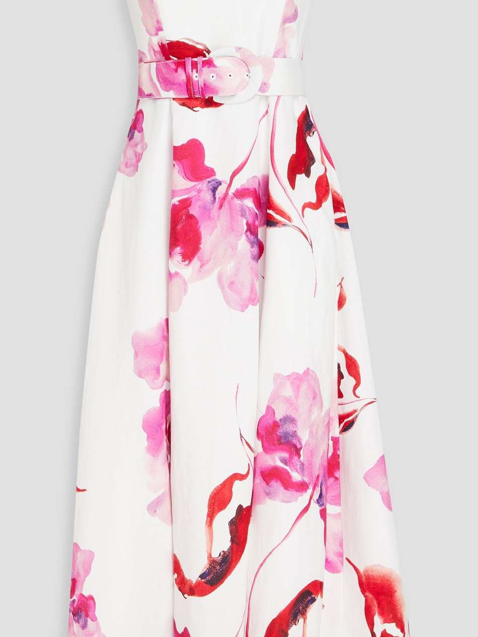 belted floral-print linen-blend midi dress