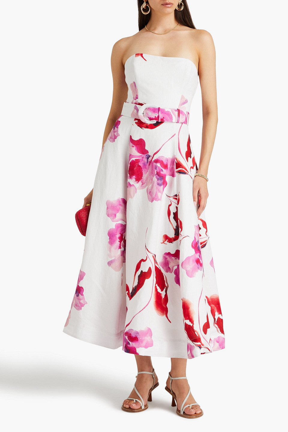 Nicholas Belted Floral-print Linen-blend Midi Dress In White