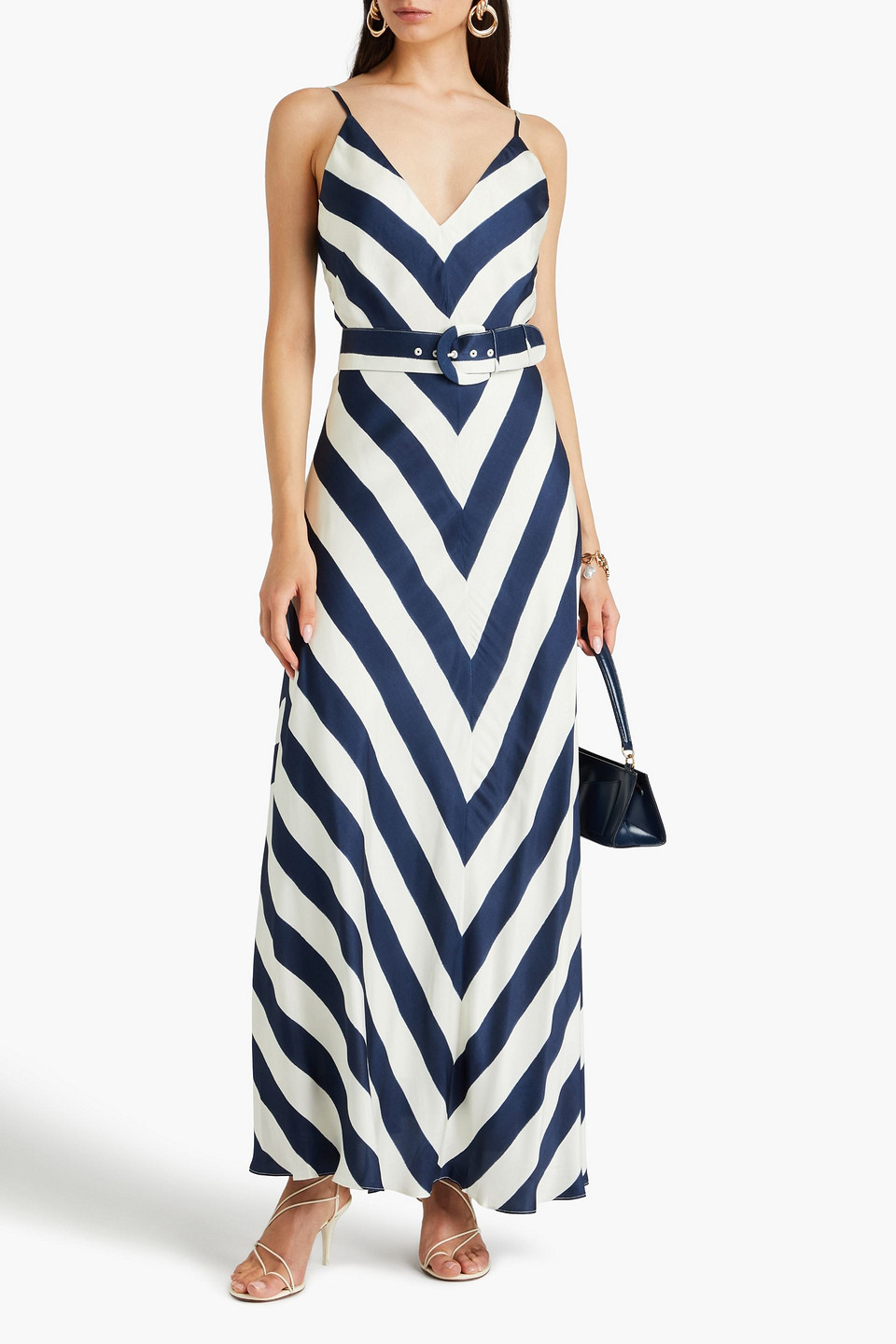 Nicholas Letty Belted Printed Satin-twill Maxi Dress In Navy