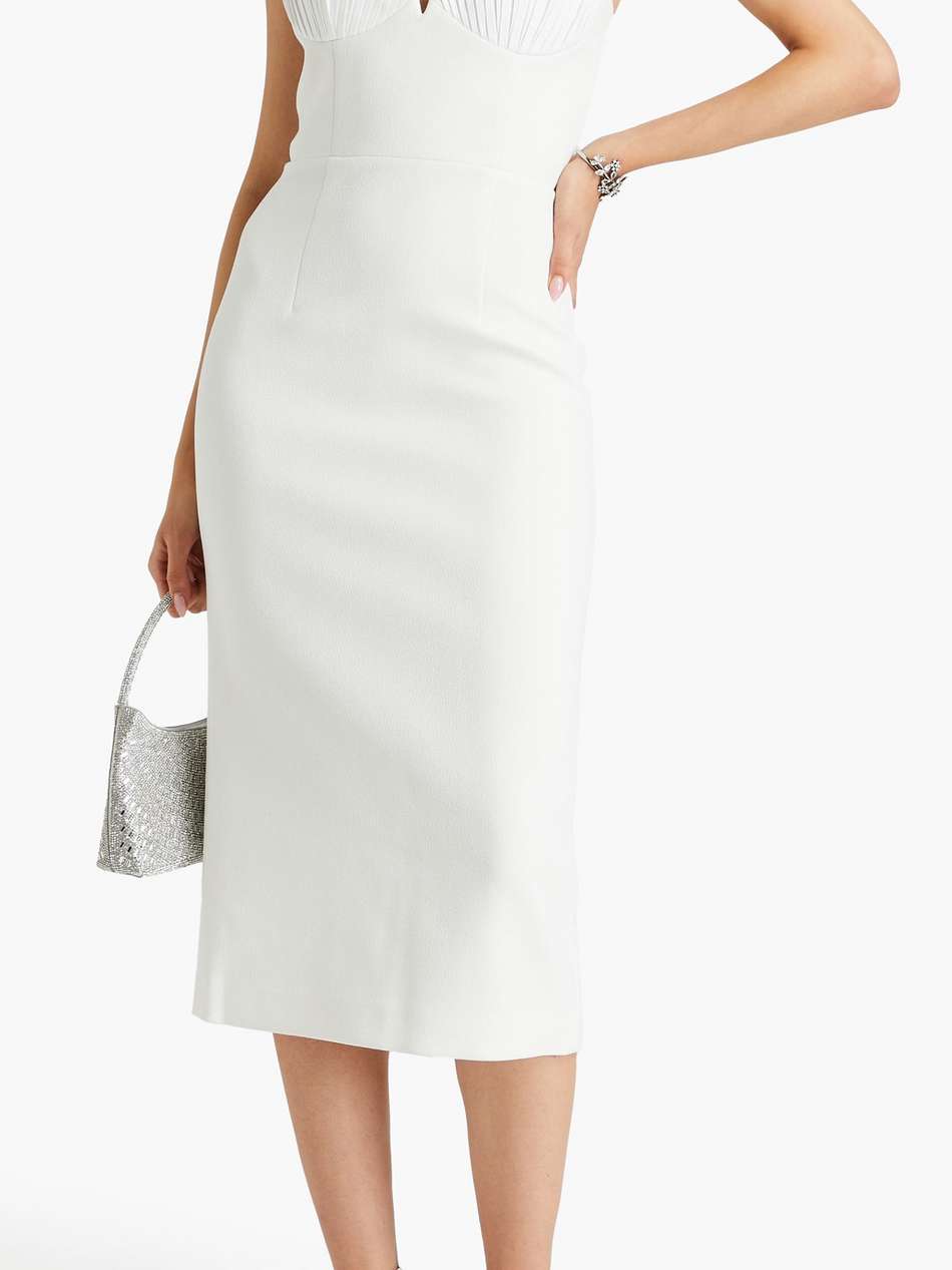 cora pleated crepe midi dress