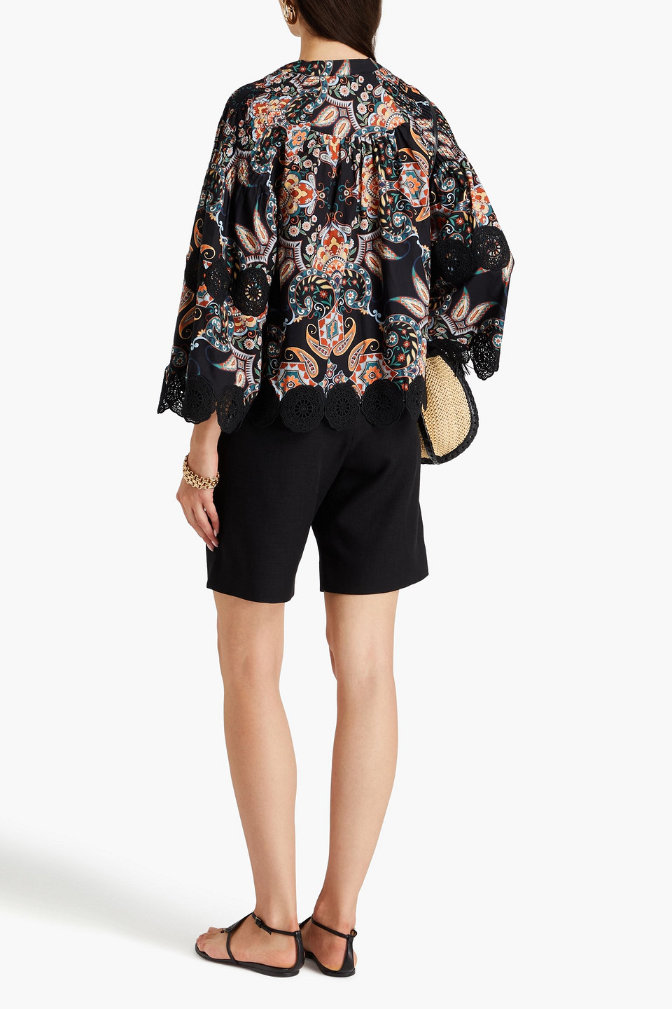 Shop Cara Cara Emma Guipure Lace-paneled Printed Cotton-poplin Blouse In Black