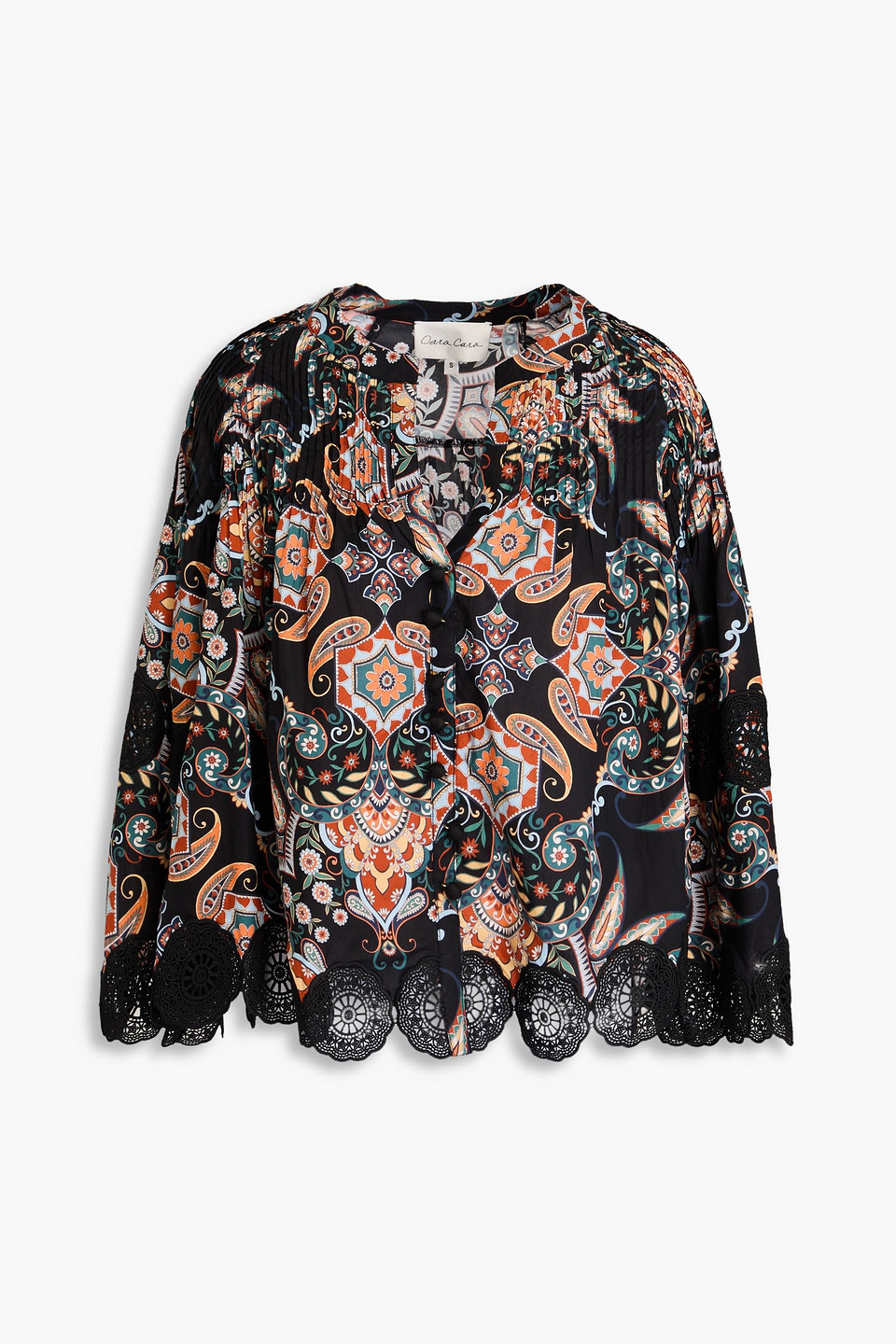 Cara Cara Emma Guipure Lace-paneled Printed Cotton-poplin Blouse In Black