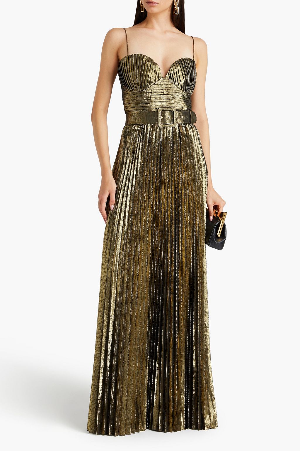REBECCA VALLANCE Strapless pleated lamé gown