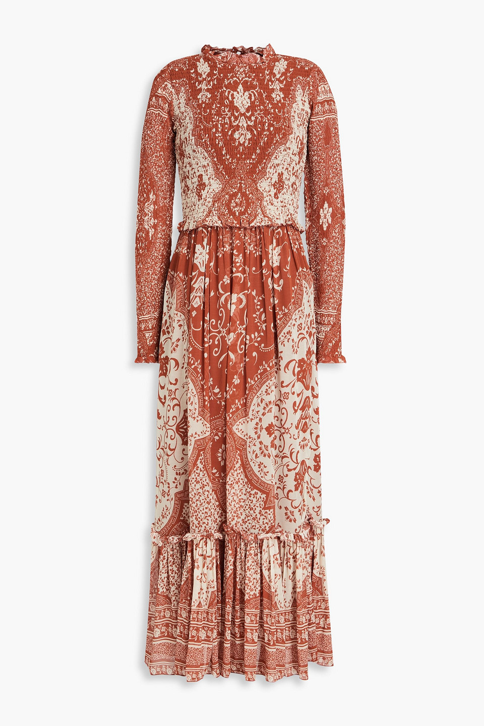 Cara Cara Ruffle-trimmed Floral-print Georgette Midi Dress In Brick