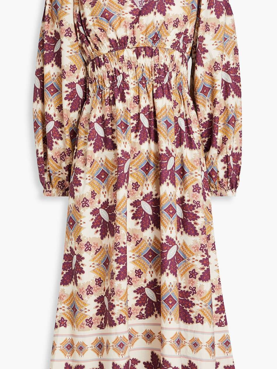 gathered printed cotton-poplin midi dress