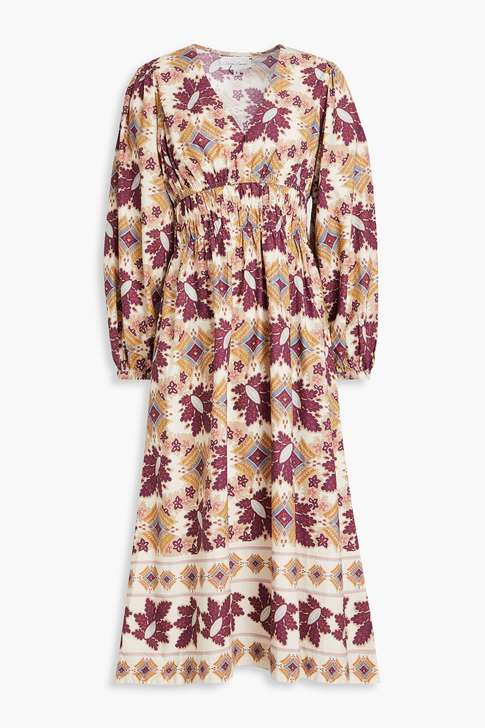 Cara Cara Gathered Printed Cotton-poplin Midi Dress In Plum