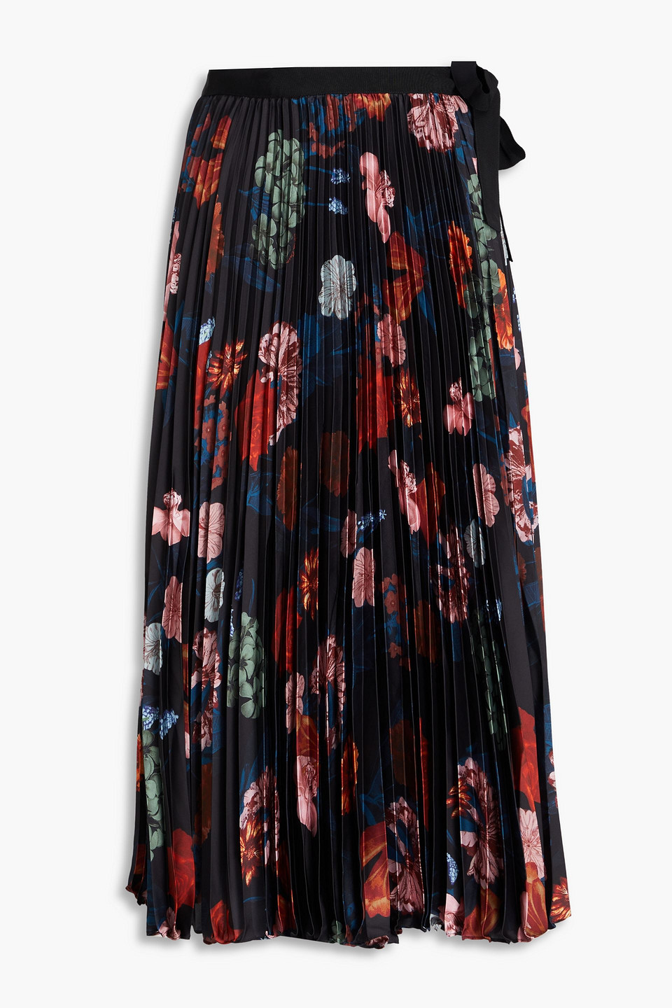 Cara Cara Pleated Floral-print Satin Midi Wrap Skirt In Black