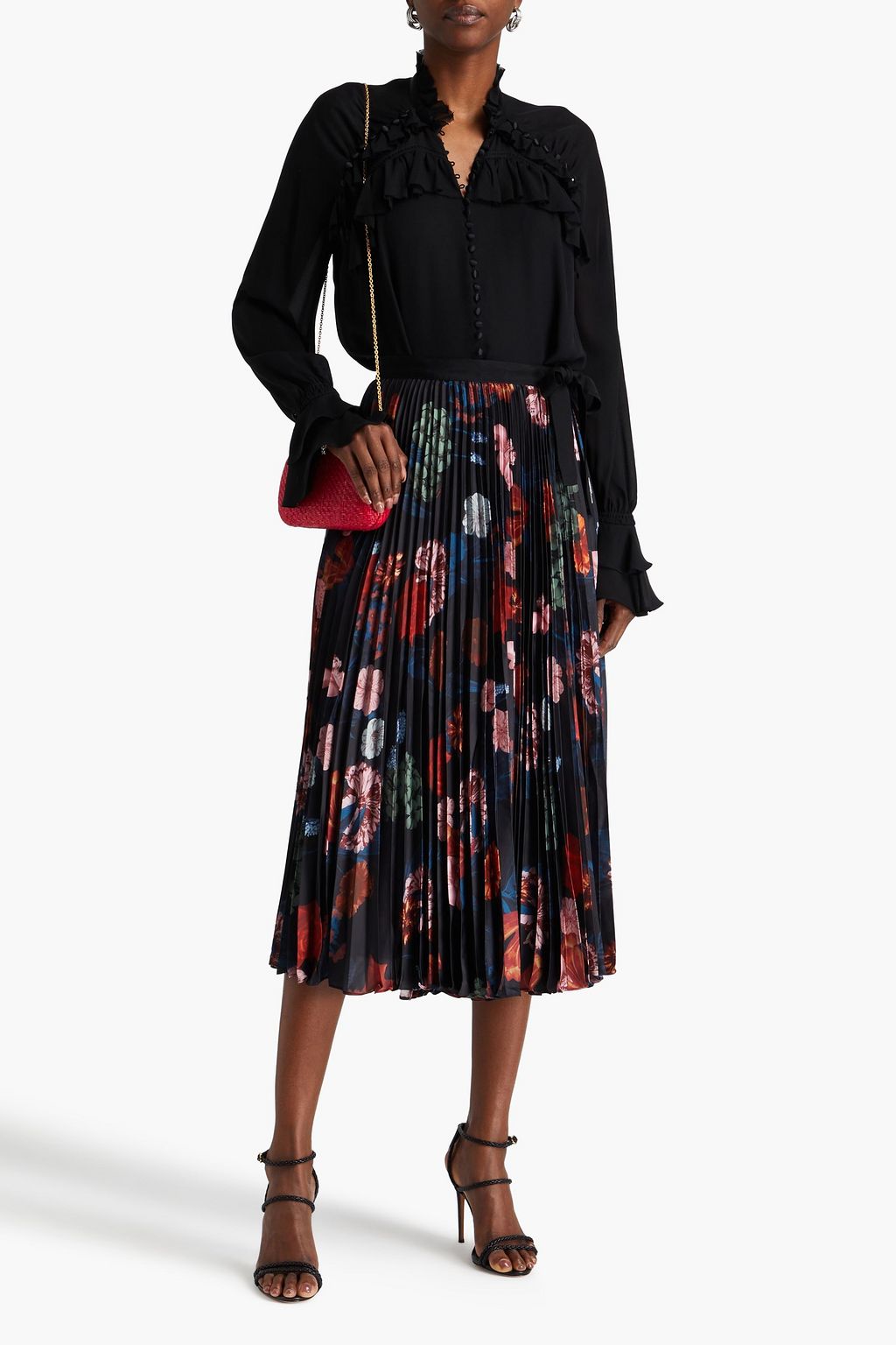 CARA CARA Pleated floral-print satin midi wrap skirt