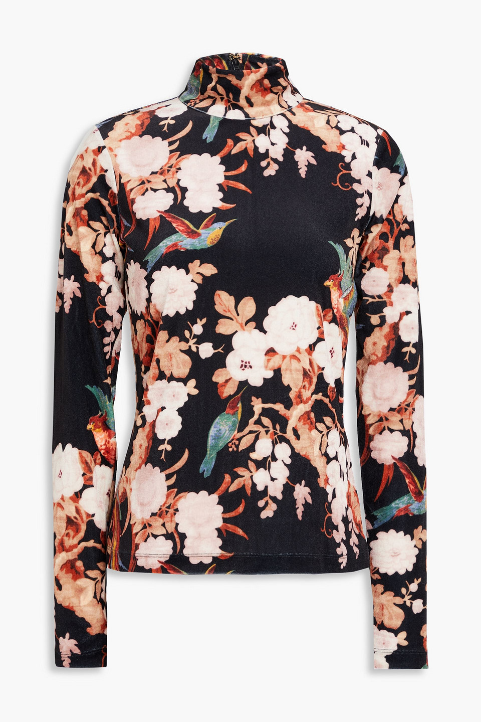 Cara Cara Suzie Floral-print Stretch-velvet Turtleneck Top In Black