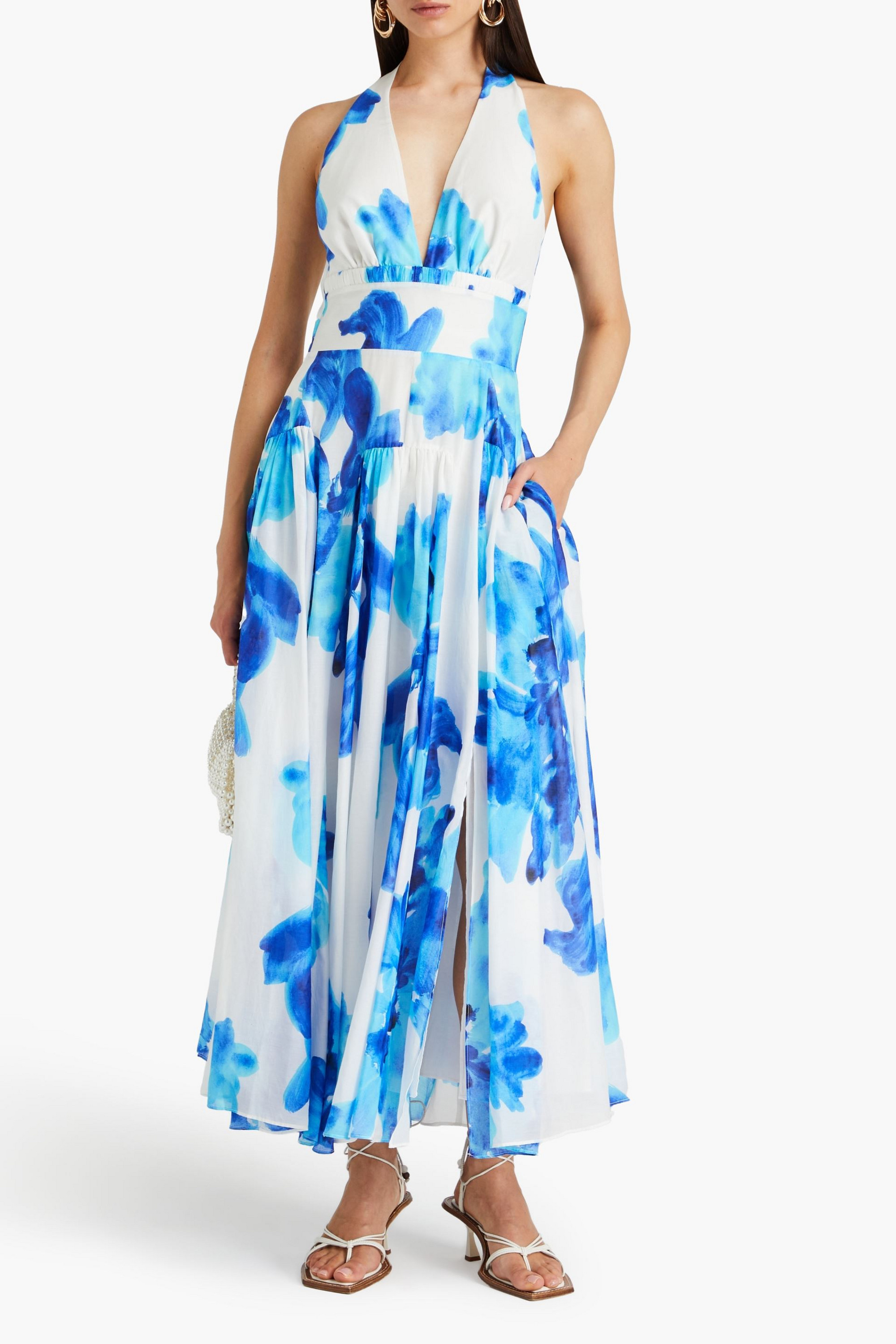 NICHOLAS Floral-print cotton and silk-blend voile halterneck midi dress