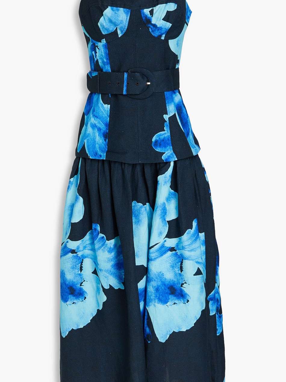 belted floral-print linen-blend midi dress