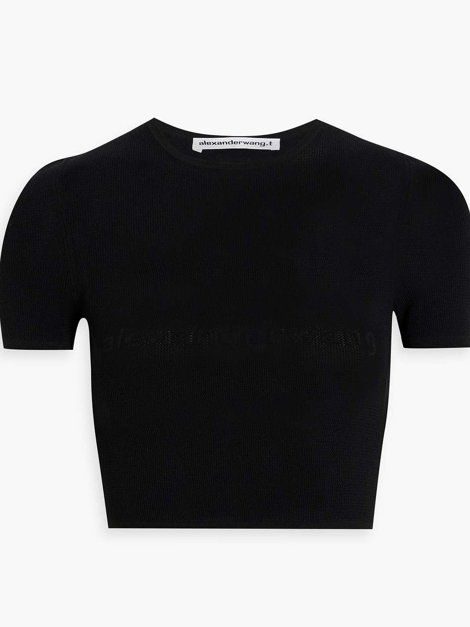 cropped appliquéd pointelle-knit top