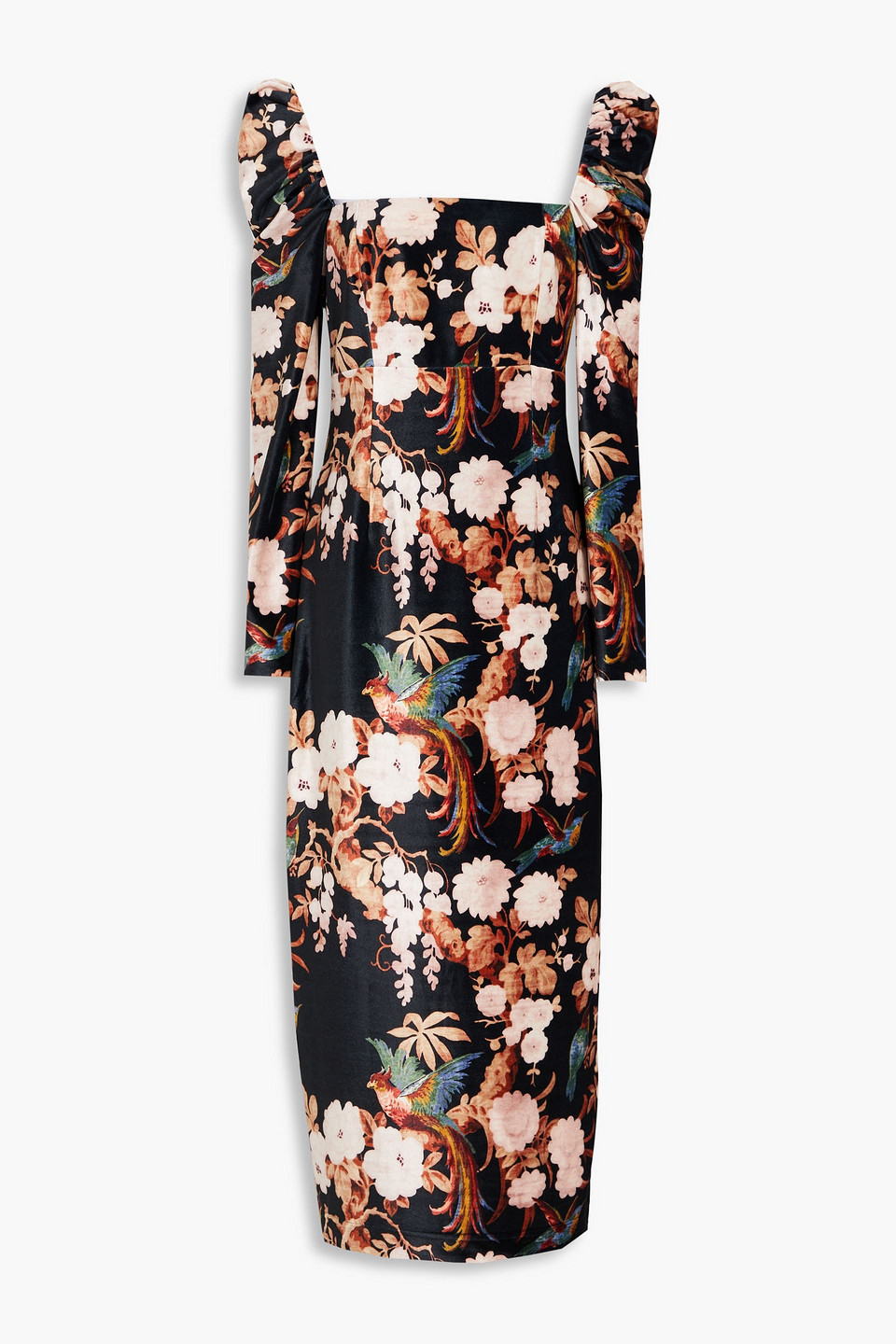 Cara Cara Floral-print Stretch-velvet Midi Dress In Black