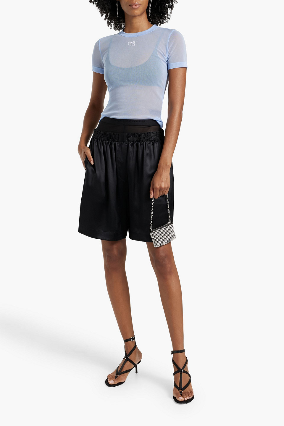 Shop Alexander Wang T Crystal-embellished Stretch-tulle Top In Sky Blue