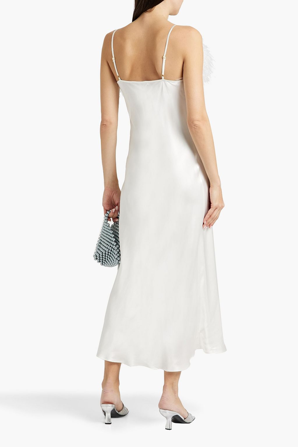 SLEEPER Boheme Slip Dress aus Satin mit Federn in Midilänge