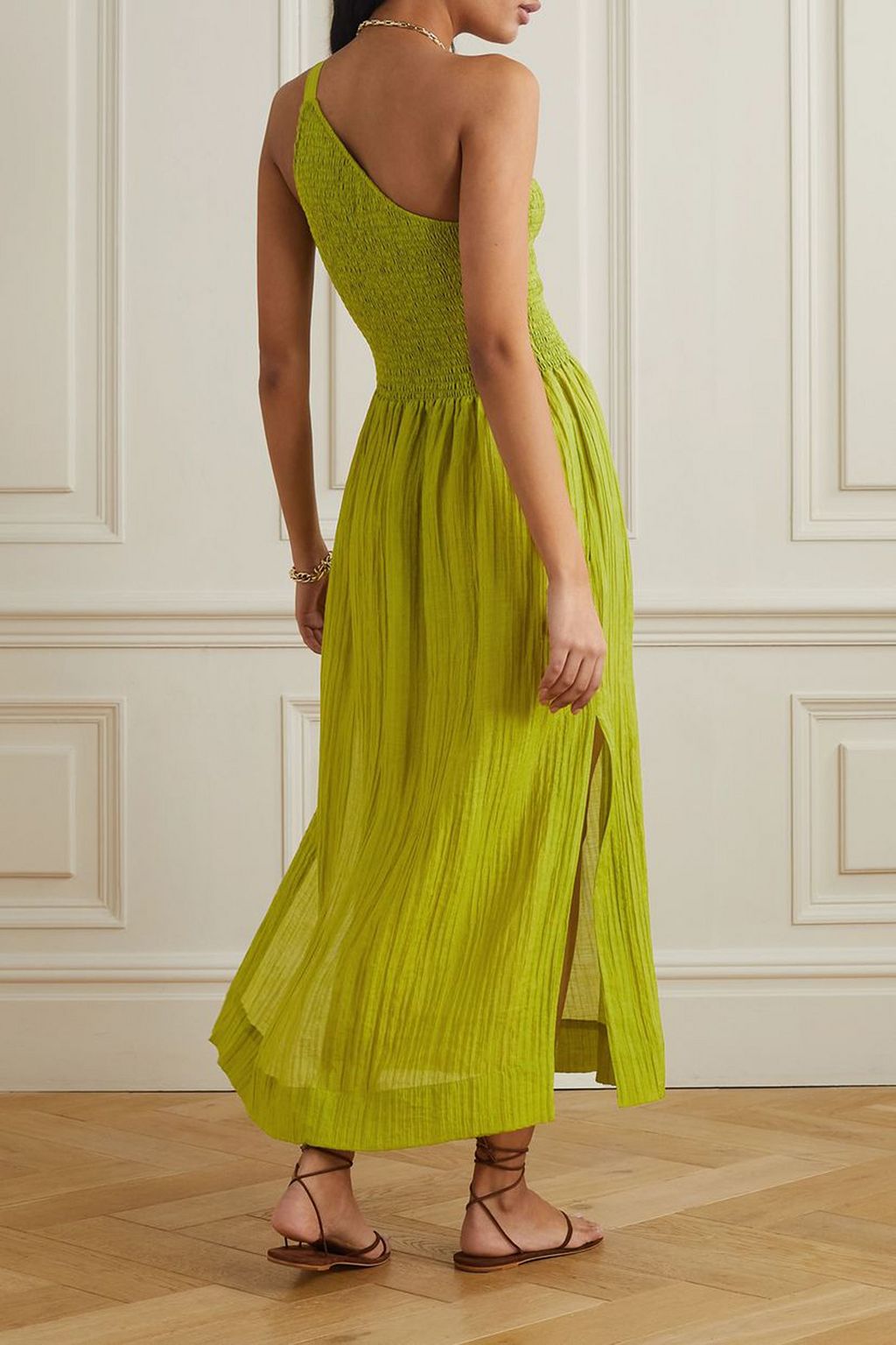 THREE GRACES LONDON Isa one-shoulder shirred seersucker maxi dress