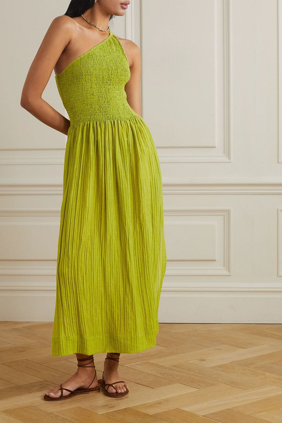THREE GRACES LONDON Isa one shoulder shirred seersucker maxi dress Smart Closet