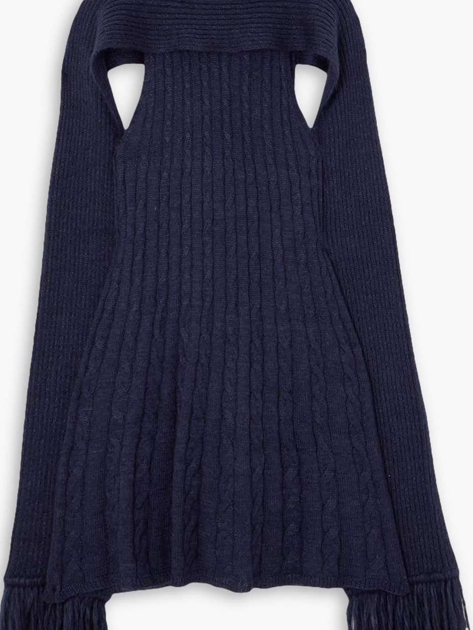 draped fringed ribbed cable-knit wool and mohair-blend dress