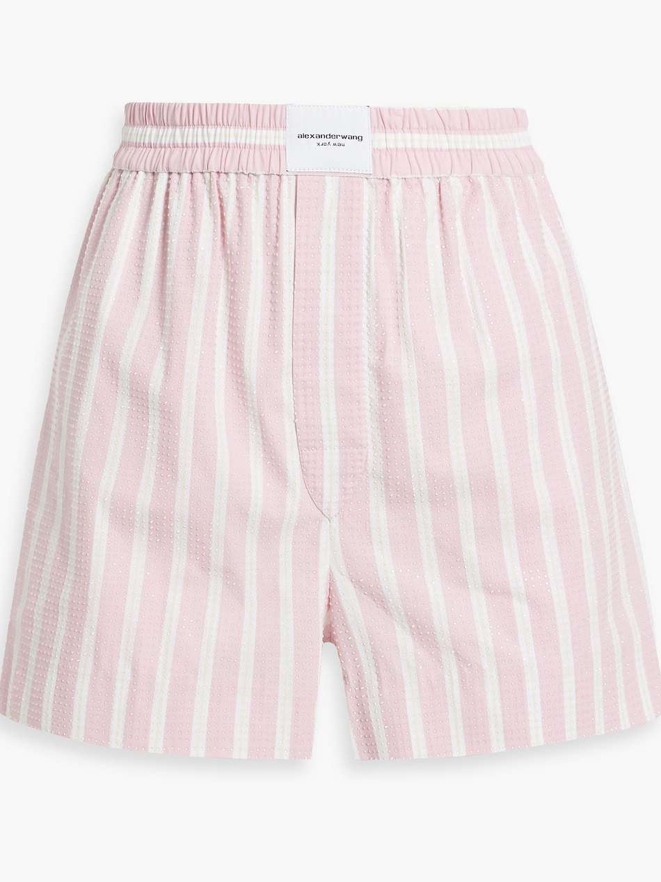crystal-embellished striped cotton-poplin shorts