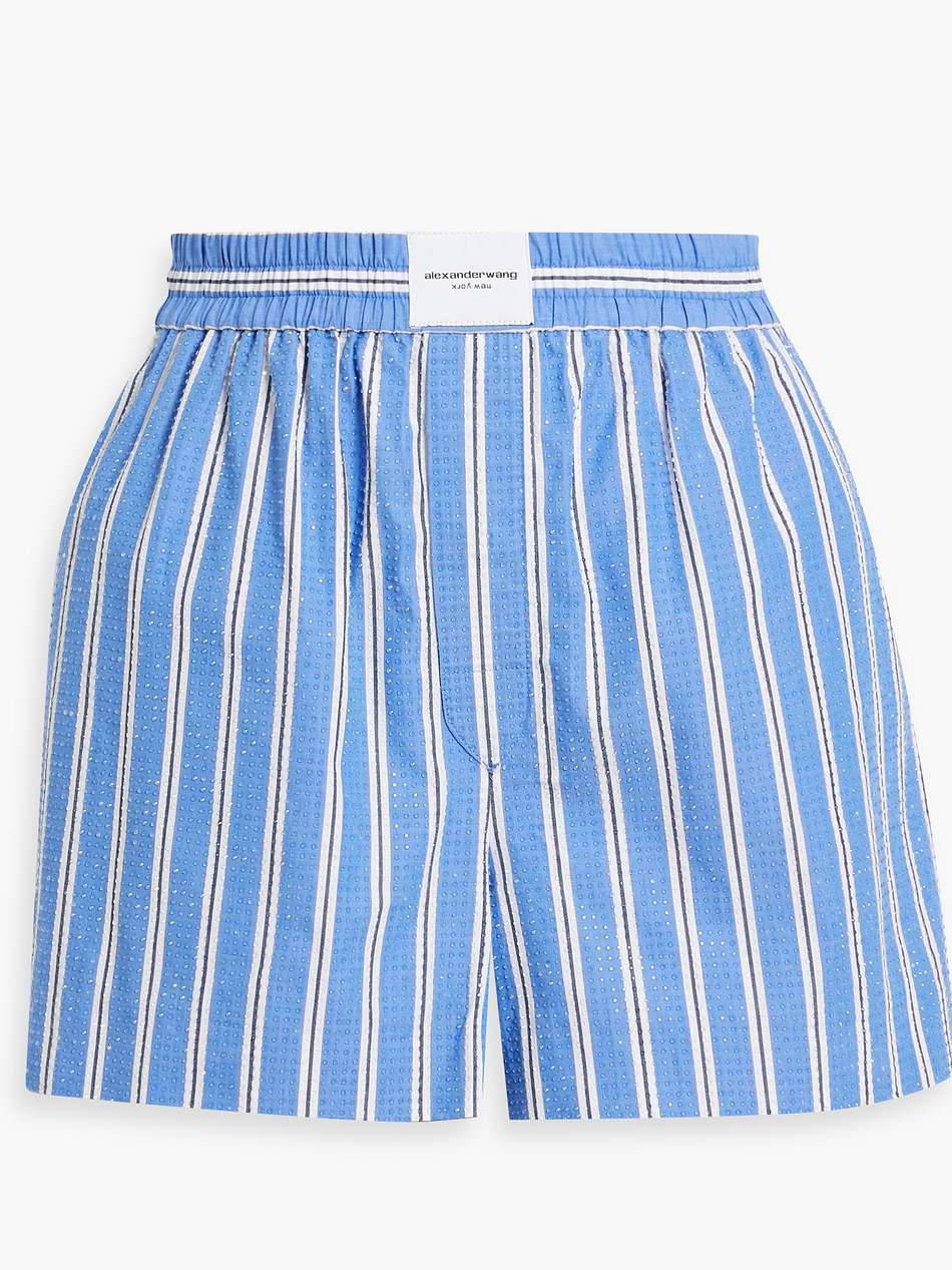 crystal-embellished striped cotton-poplin shorts
