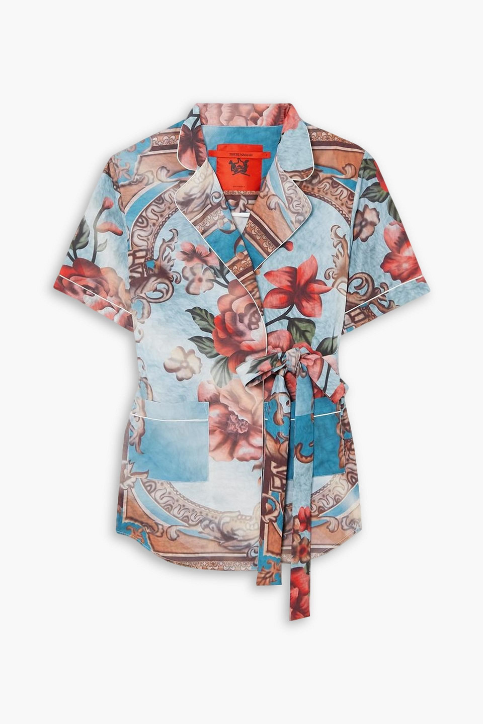 Thebe Magugu Piped Printed Satin Wrap Shirt In Teal