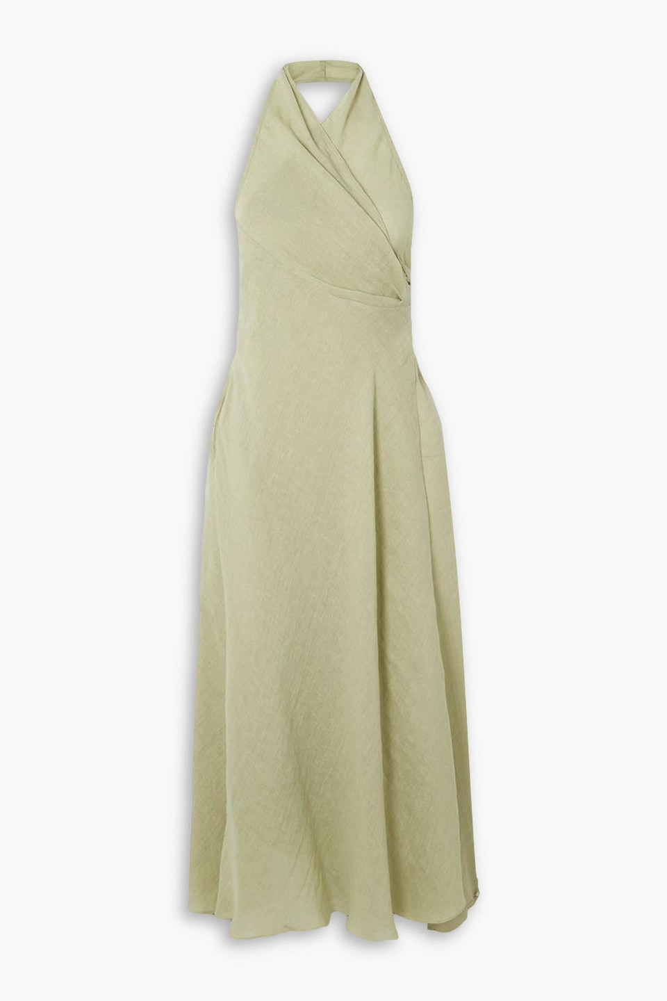 Three Graces London Yara Linen-blend Halterneck Midi Wrap Dress In Sage Green