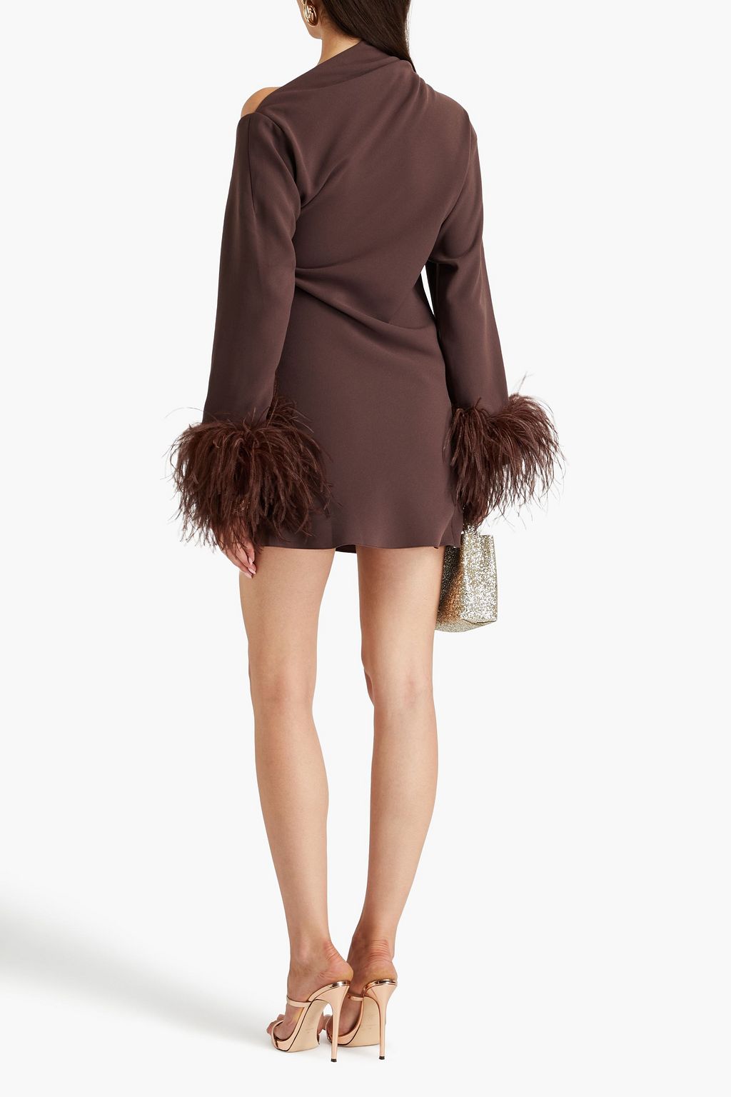 16ARLINGTON Minikleid aus Crêpe mit asymmetrischer Schulterpartie und Federverzierung