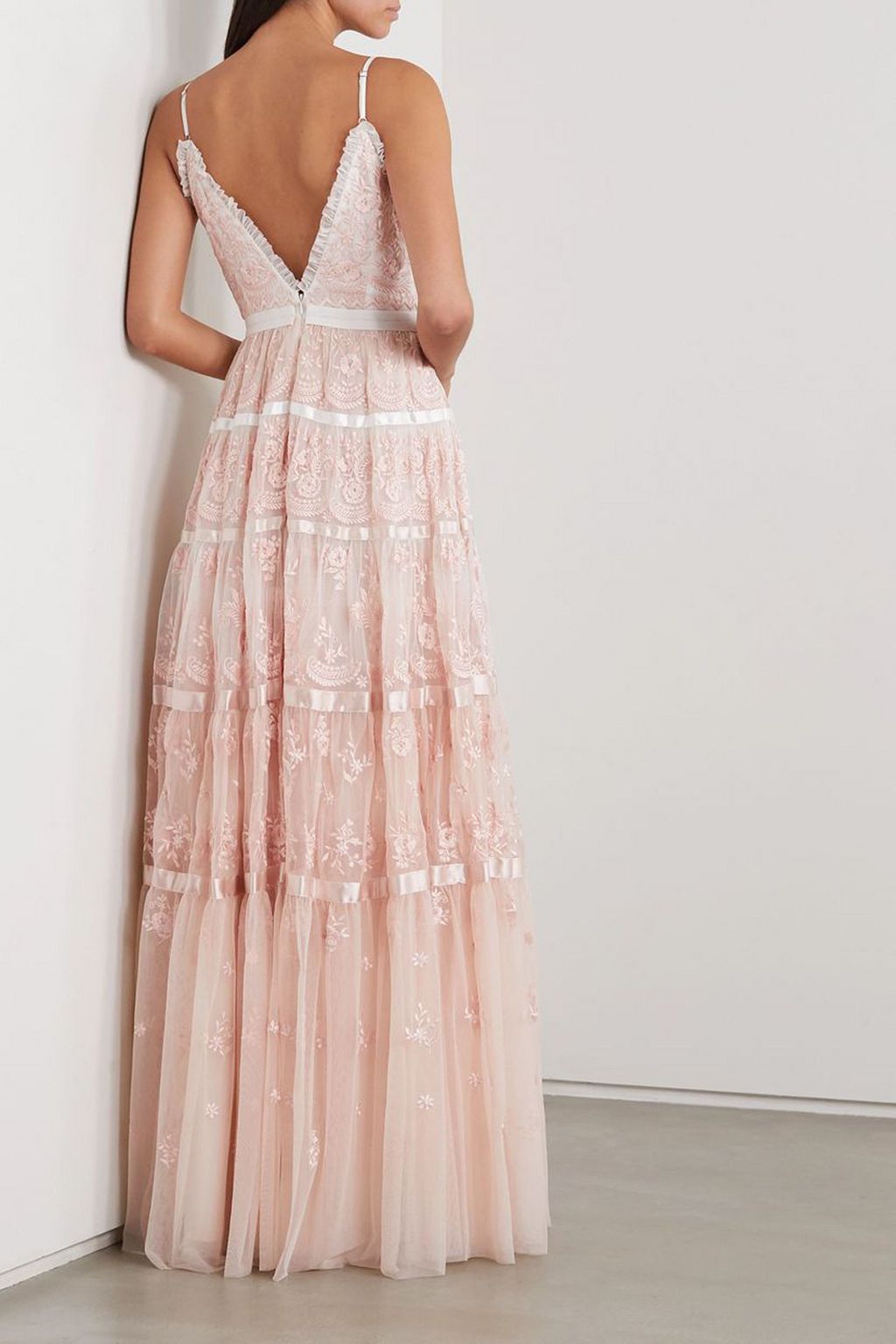 NEEDLE & THREAD Satin-trimmed embroidered tulle gown