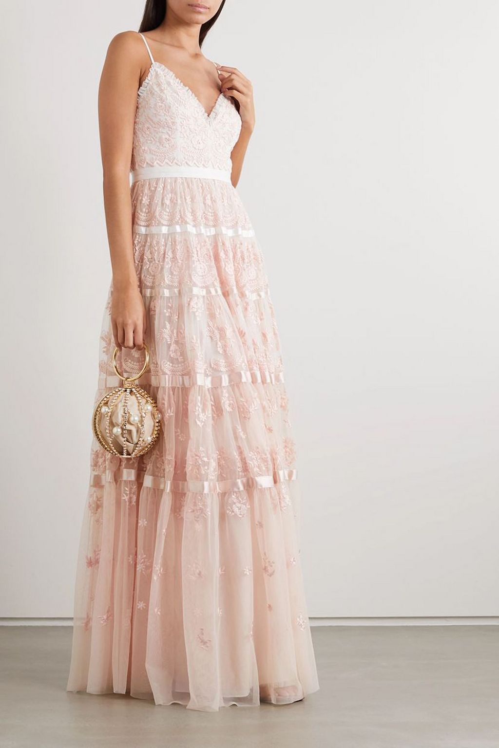 NEEDLE & THREAD Satin-trimmed embroidered tulle gown