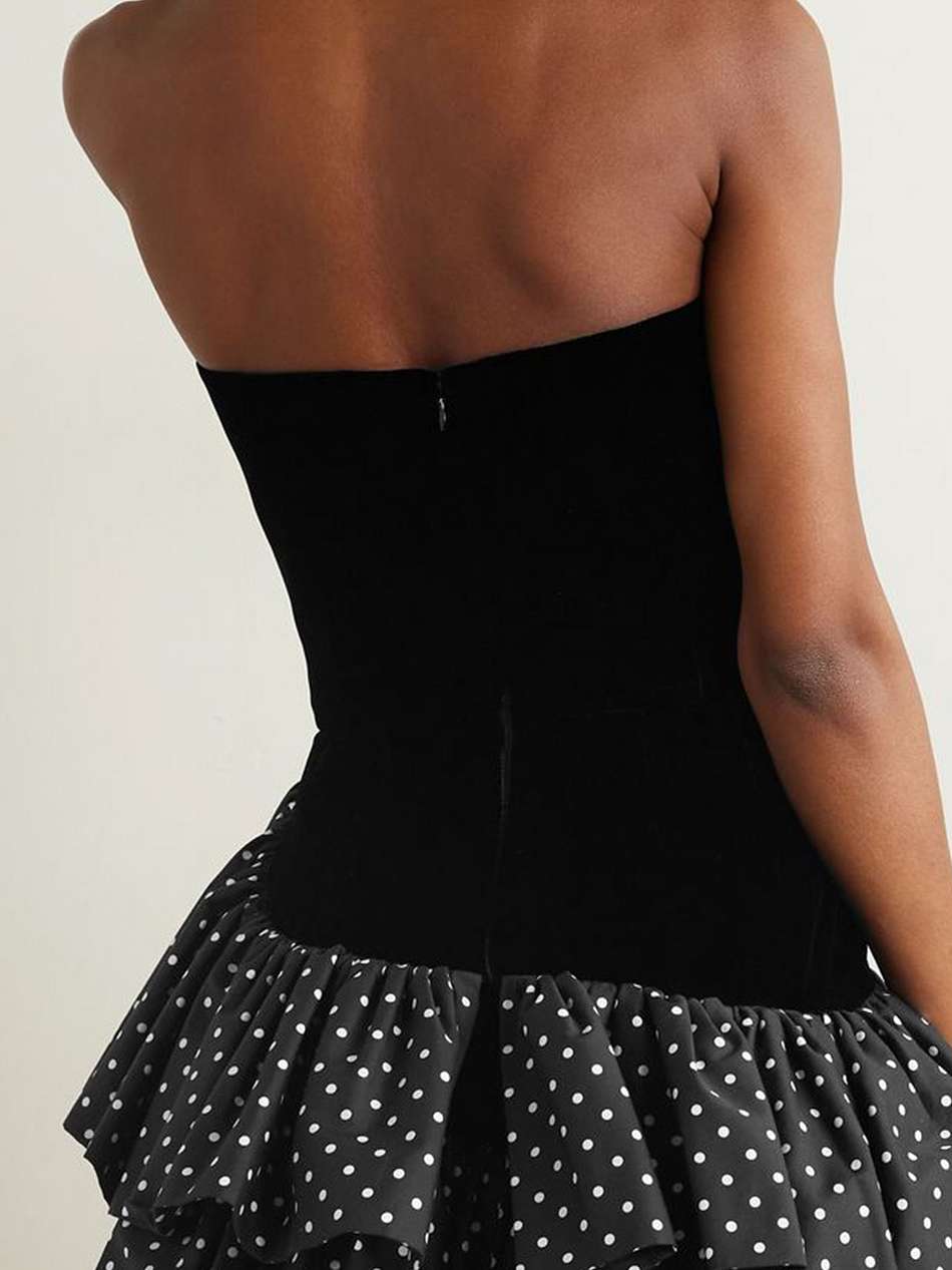 stapless cotton-velvet and polka-dot taffeta mini dress