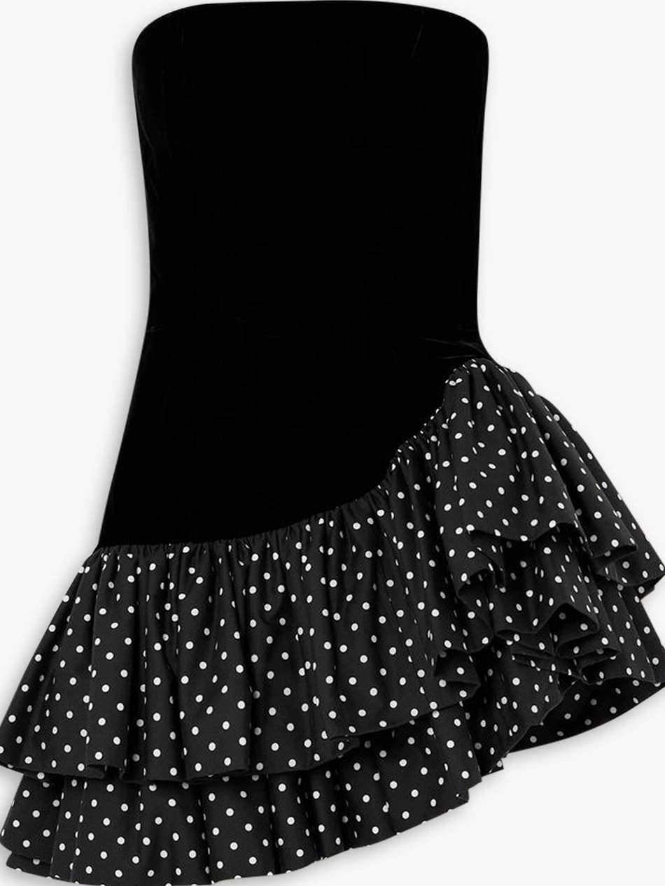 stapless cotton-velvet and polka-dot taffeta mini dress