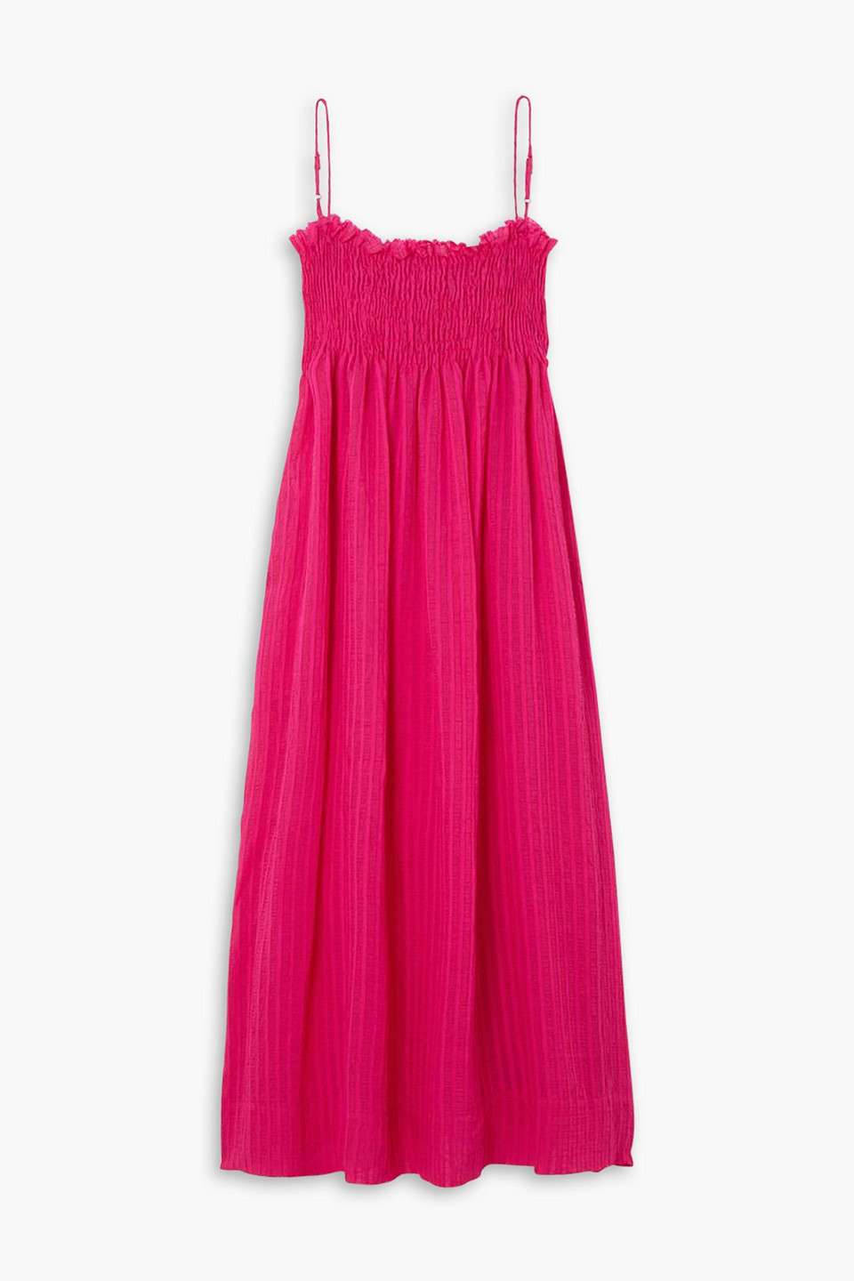 Three Graces London Farah Shirred Striped Seersucker Maxi Dress In Magenta