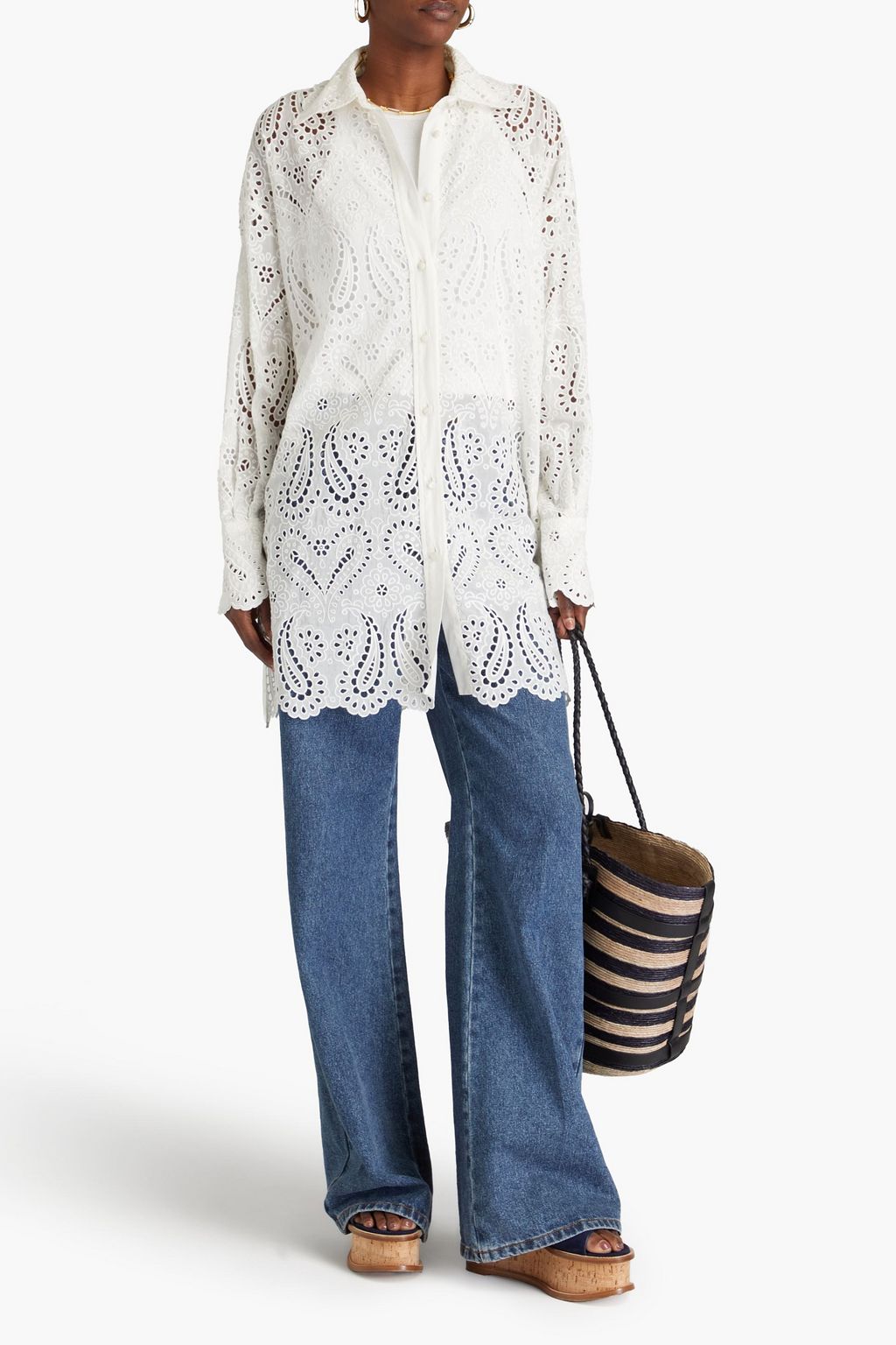 ETRO Scalloped broderie anglaise cotton and silk-blend shirt