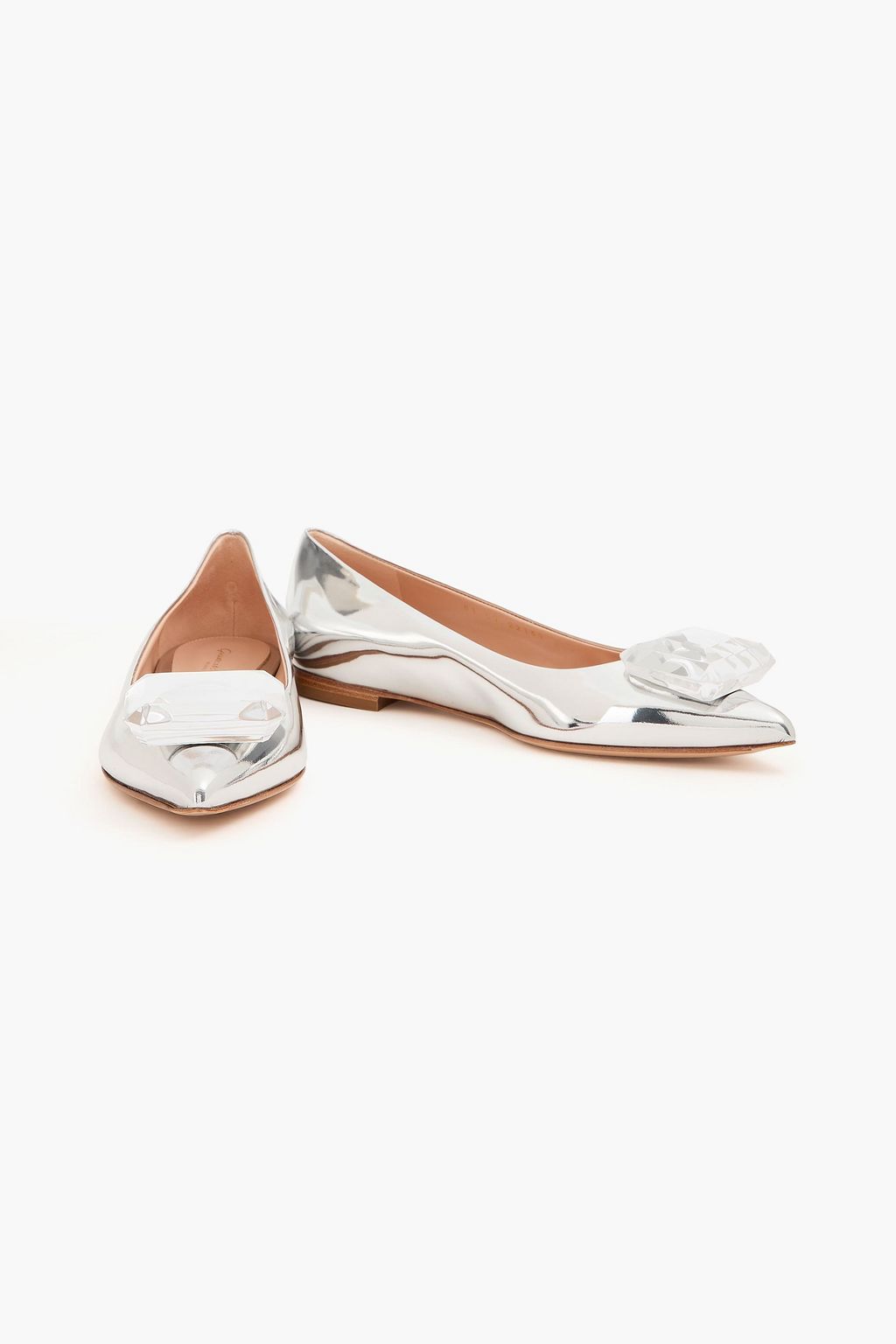 GIANVITO ROSSI Jaipur flache Schuhe mit spitzer Kappe aus verspiegeltem Leder mit Kristallverzierung