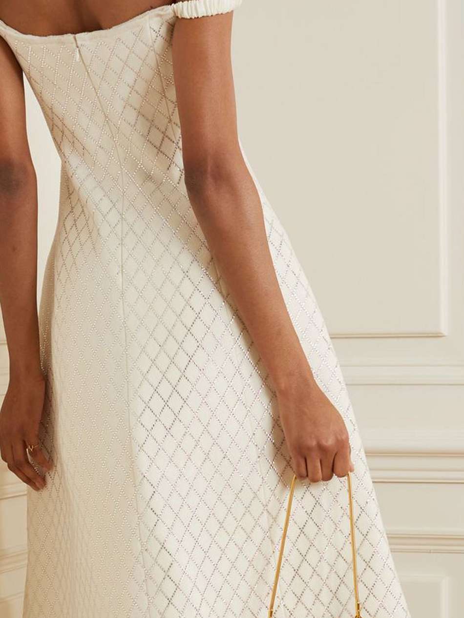 uma off-the-shoulder embellished melton wool-blend midi dress