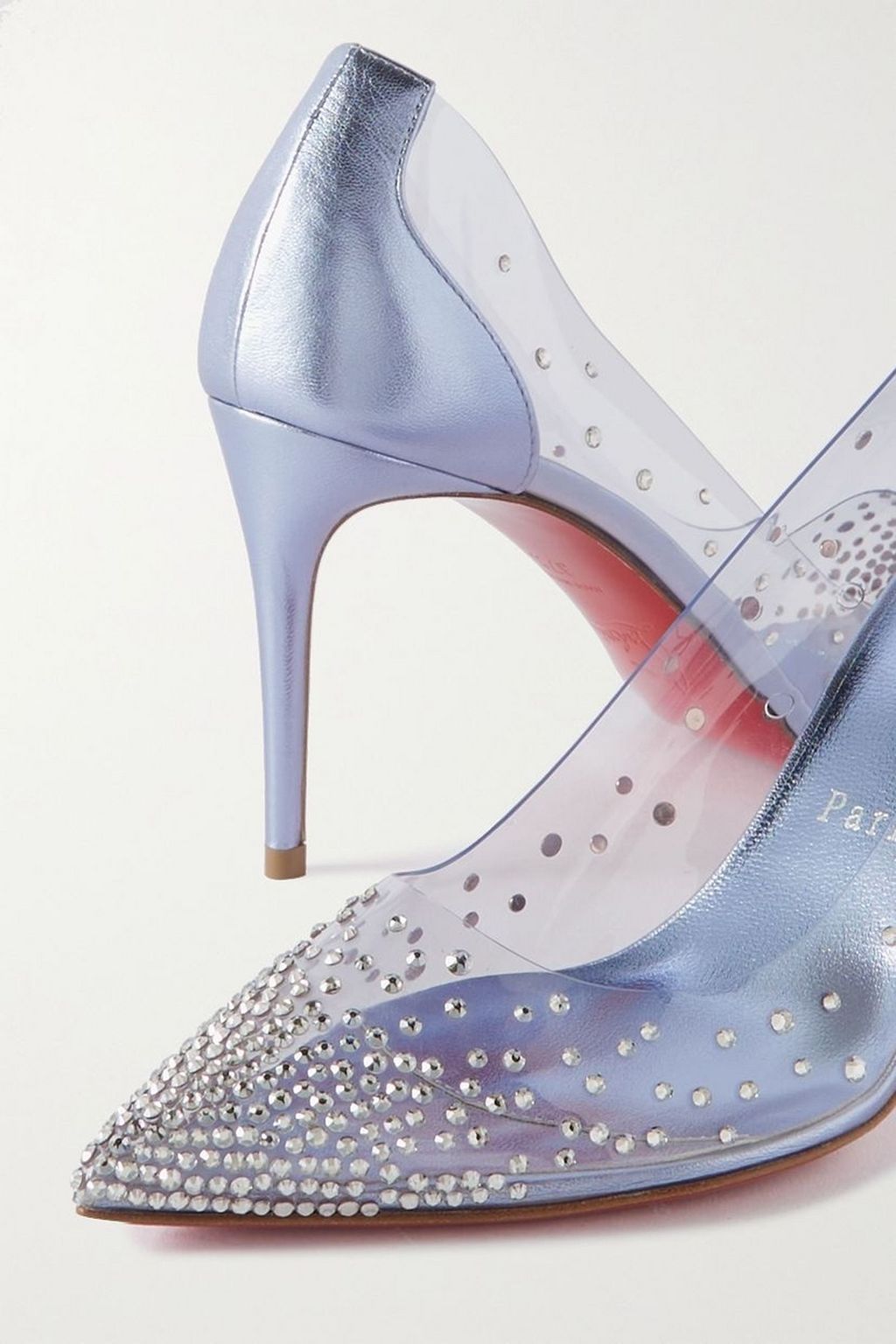 CHRISTIAN LOUBOUTIN حذاء بامب Degrastrass من الجلد المعدني والبلاستيك الشفاف مزركش بالكريستال بكعب 85 مم