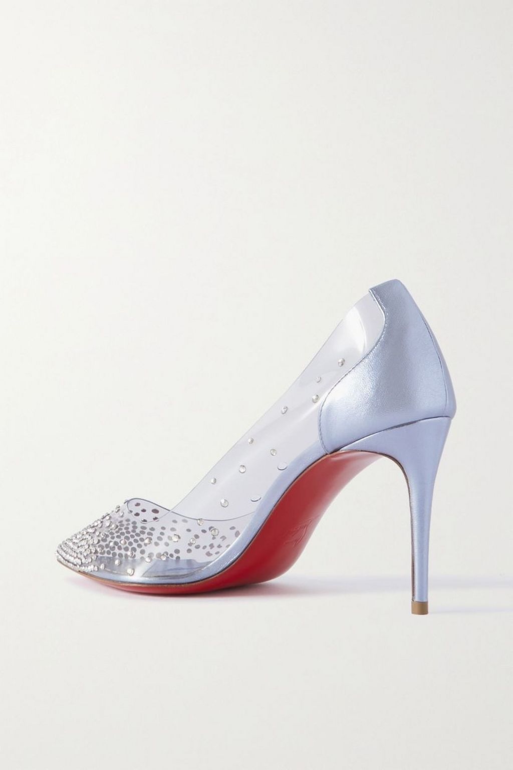 CHRISTIAN LOUBOUTIN حذاء بامب Degrastrass من الجلد المعدني والبلاستيك الشفاف مزركش بالكريستال بكعب 85 مم
